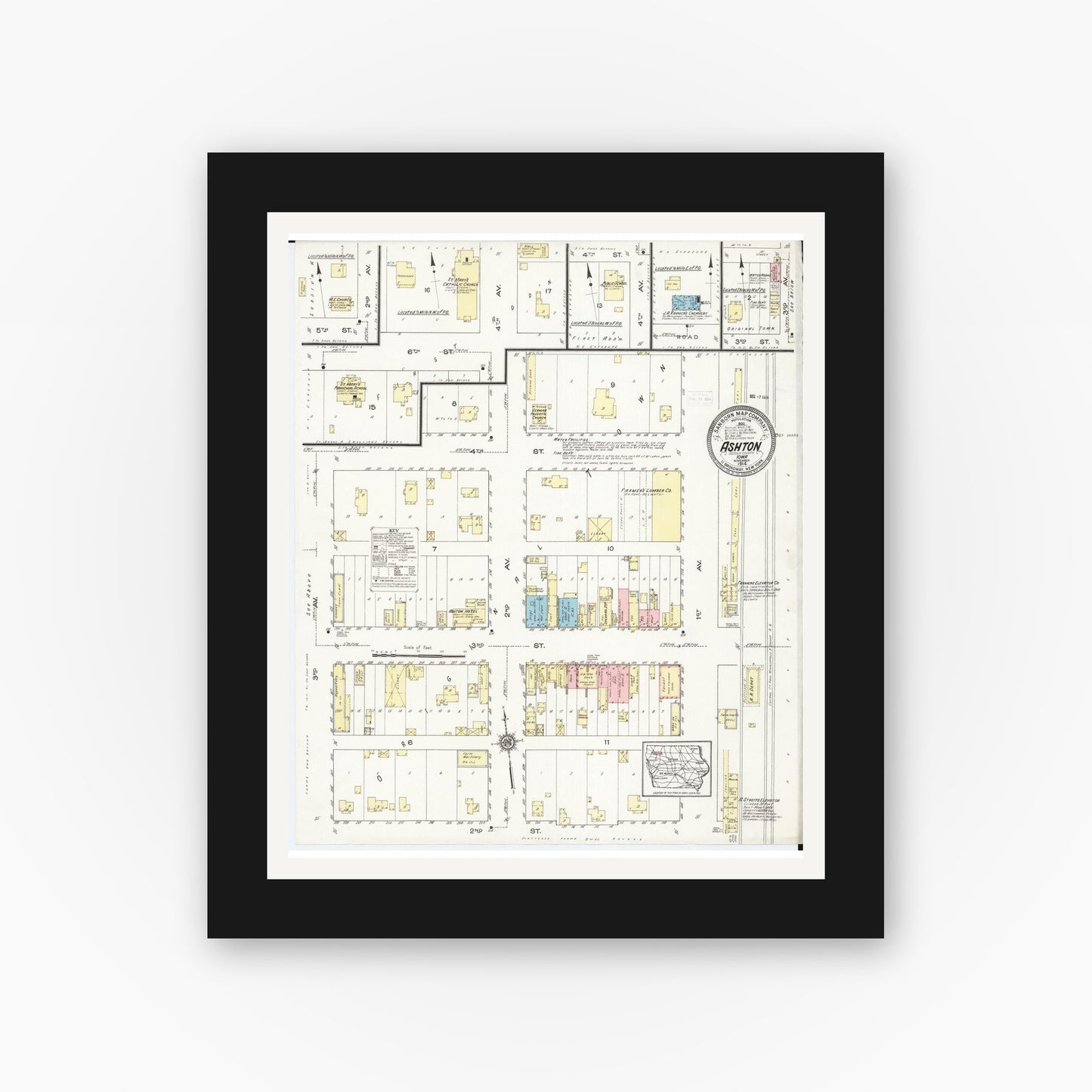 Old map wall art mockup — black gallery frame with white mat — Sanborn Fire Insurance Map from Ashton, Osceola County, Iowa (1914), Sheet #0001