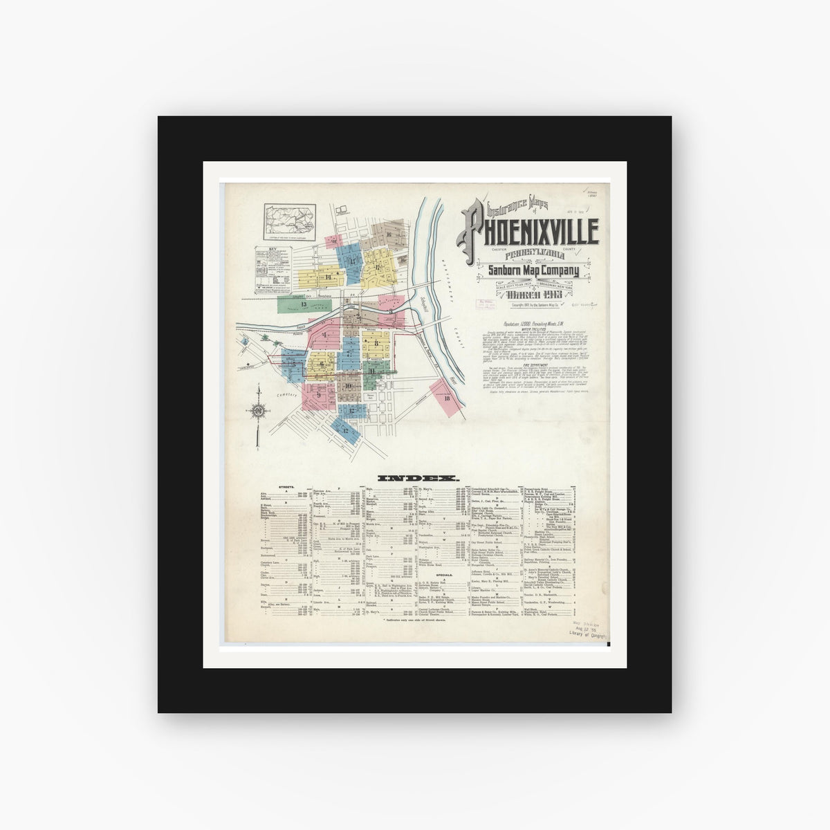 Old map wall art mockup — black gallery frame with white mat — Sanborn Fire Insurance Map from Phoenixville, Chester County, Pennsylvania (1913) - Complete Map Set