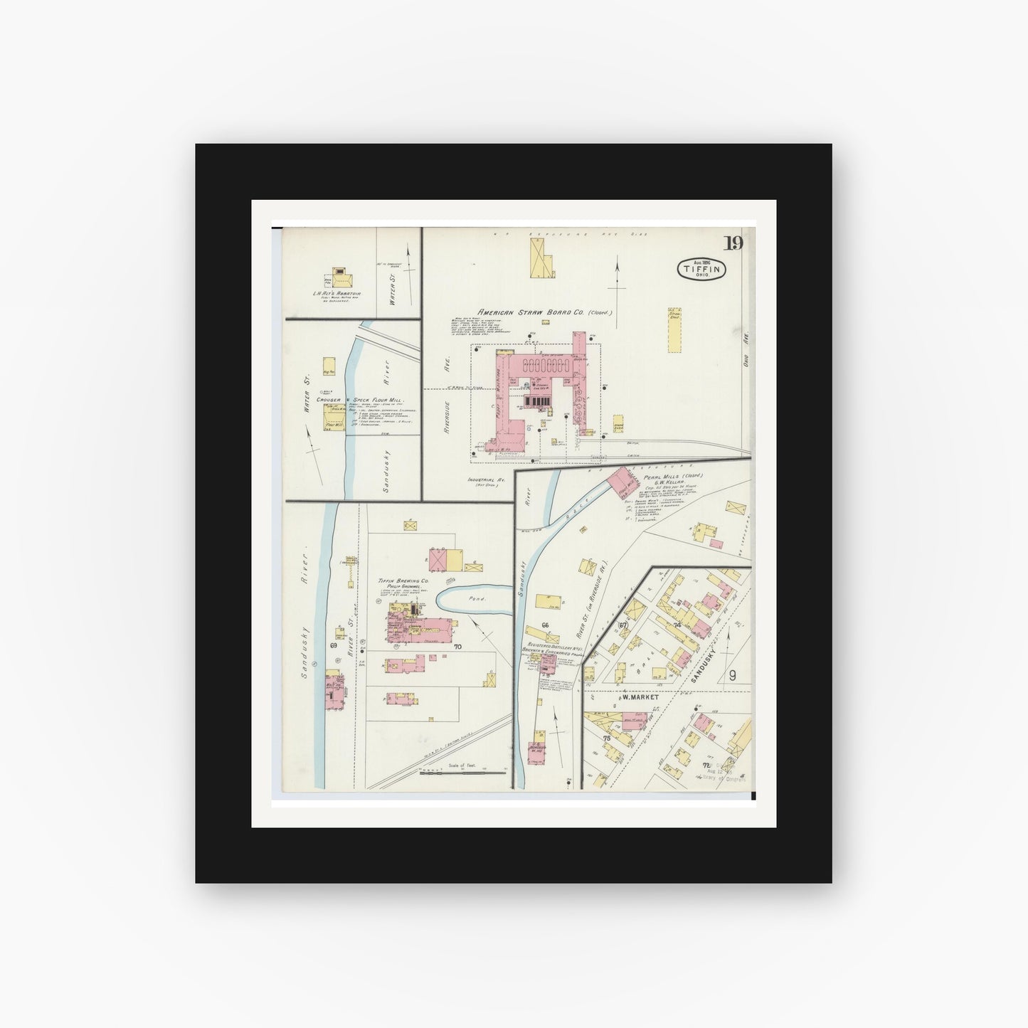 Old map wall art mockup — black gallery frame with white mat — Sanborn Fire Insurance Map from Tiffin, Seneca County, Ohio (1896), Sheet #0019