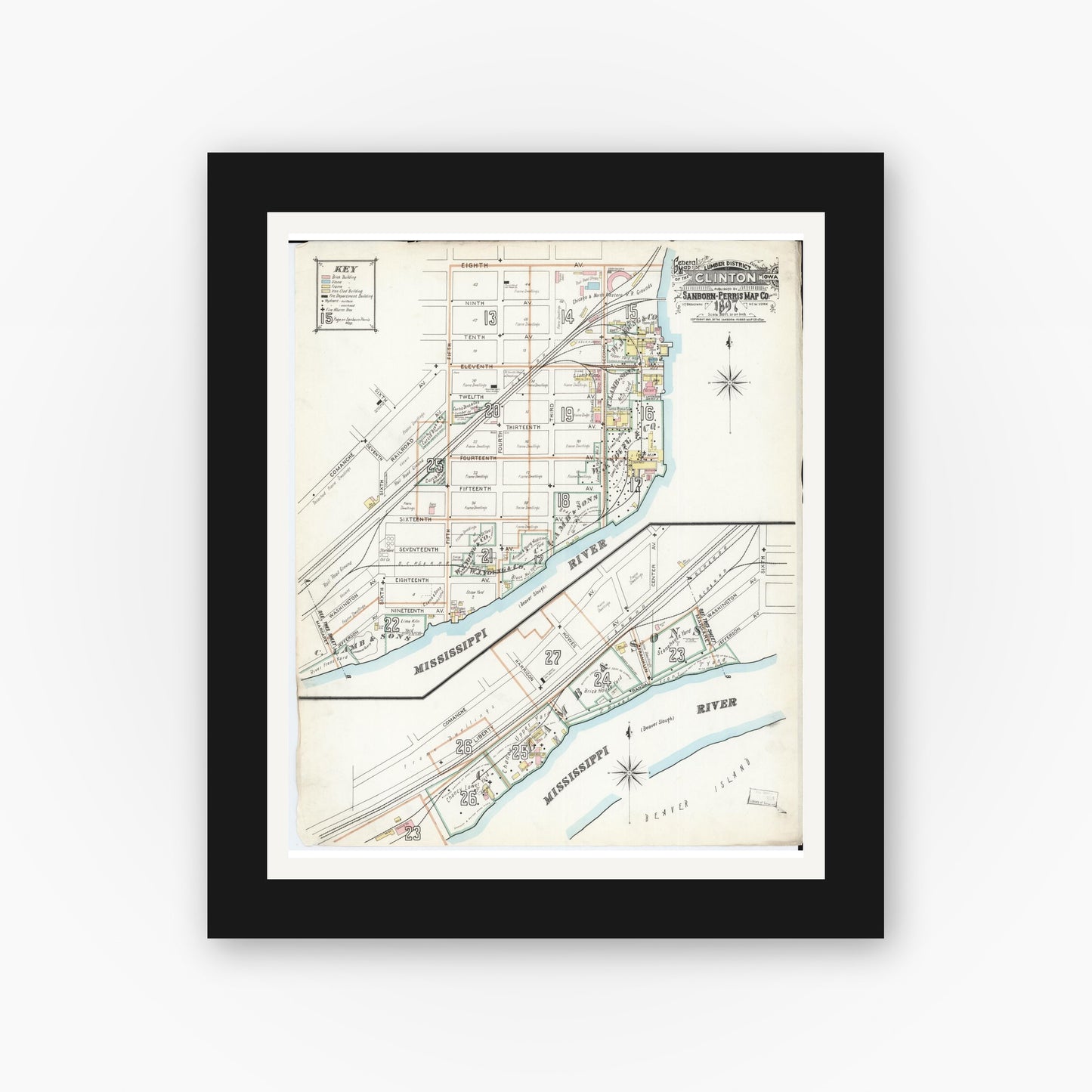 Old map wall art mockup — black gallery frame with white mat — Sanborn Fire Insurance Map from Clinton, Clinton County, Iowa (1897) — Complete Set