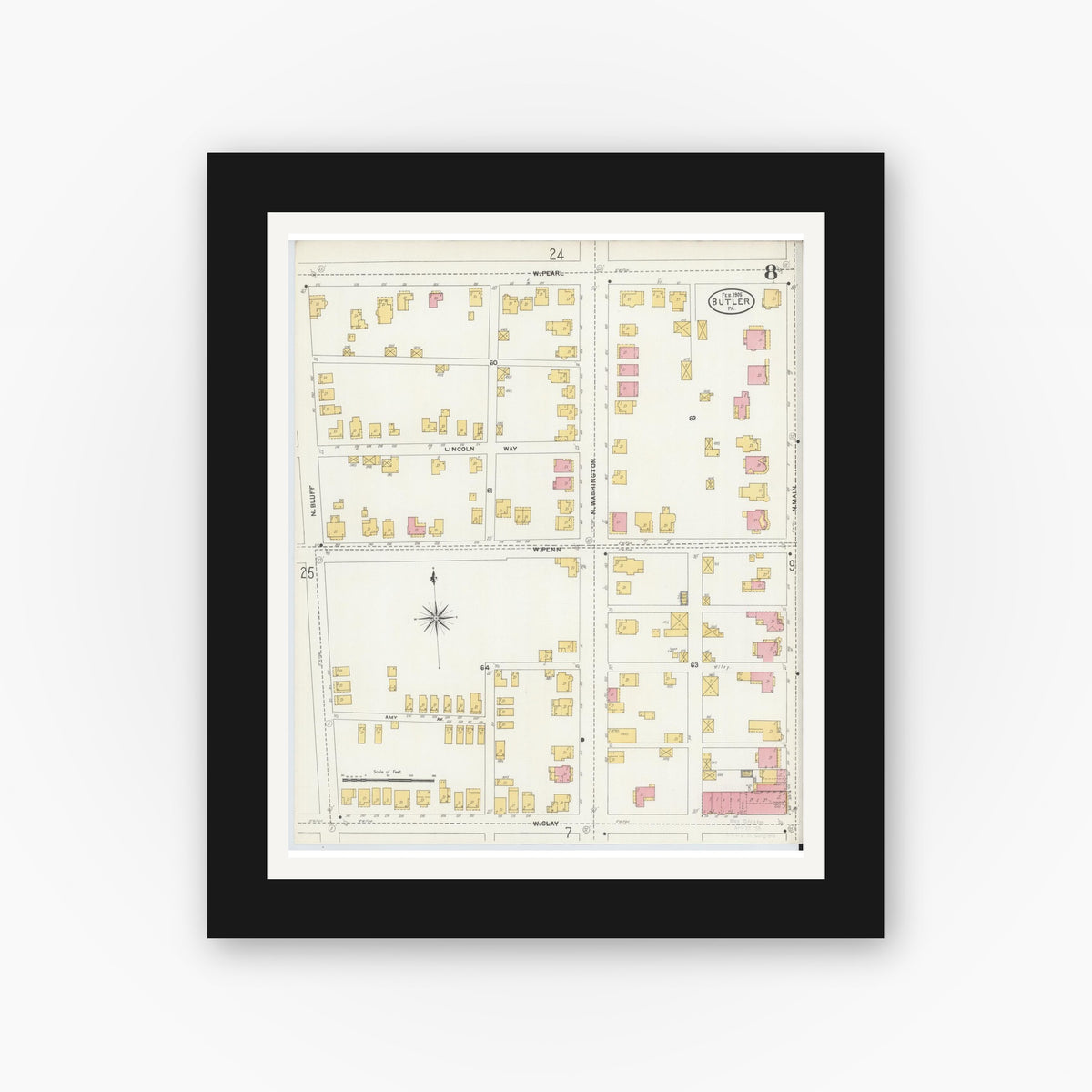 Old map wall art mockup β black gallery frame with white mat β Sanborn Fire Insurance Map from Butler, Butler County, Pennsylvania (1906), Sheet #0008