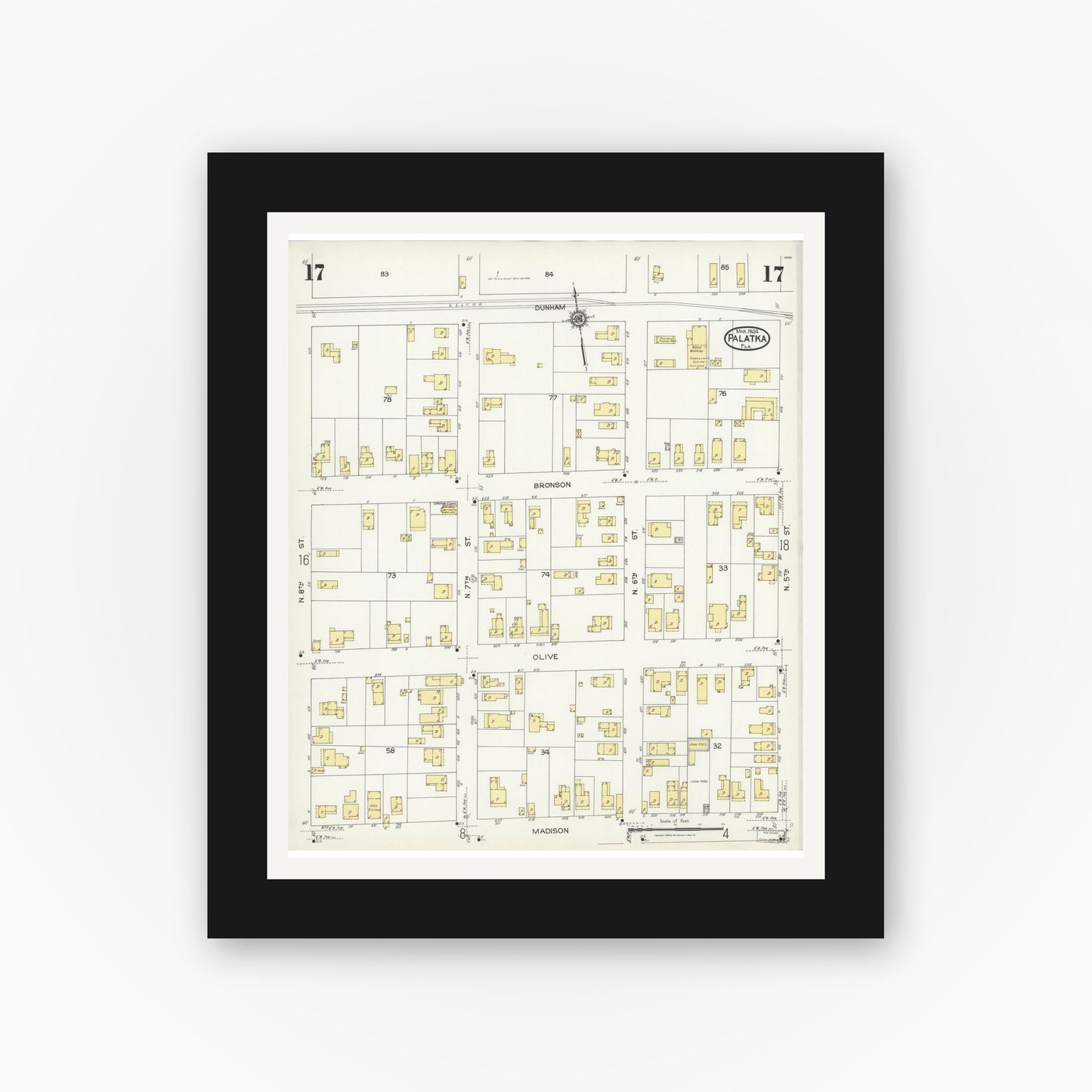 Old map wall art mockup — black gallery frame with white mat — Sanborn Fire Insurance Map from Palatka, Putnam County, Florida (1924), Sheet #0017
