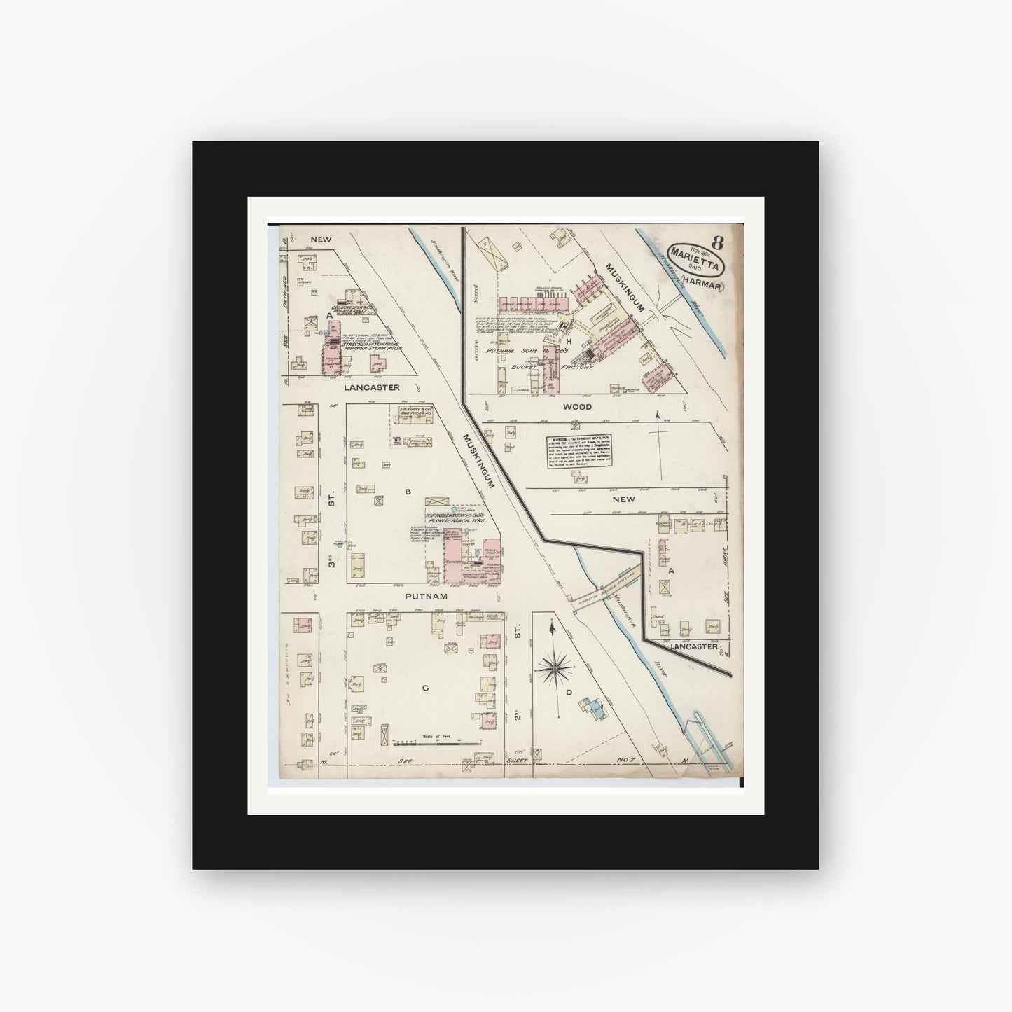 Old map wall art mockup — black gallery frame with white mat — Sanborn Fire Insurance Map from Marietta, Washington County, Ohio (1884), Sheet #0008