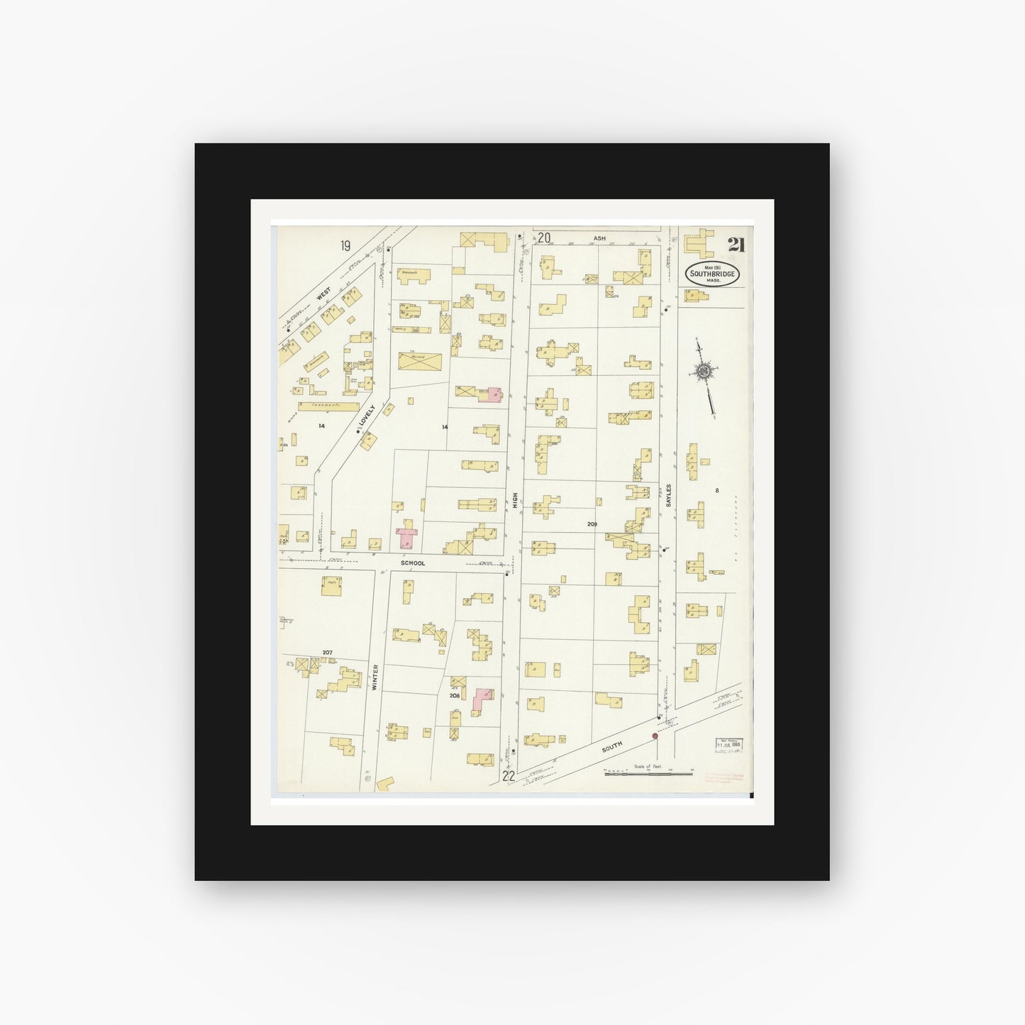 Old map wall art mockup — black gallery frame with white mat — Sanborn Fire Insurance Map from Southbridge, Worcester County, Massachusetts (1911), Sheet #0021