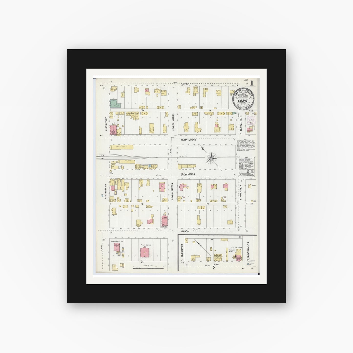 Old map wall art mockup — black gallery frame with white mat — Sanborn Fire Insurance Map from Lena, Stephenson County, Illinois (1904), Sheet #0001