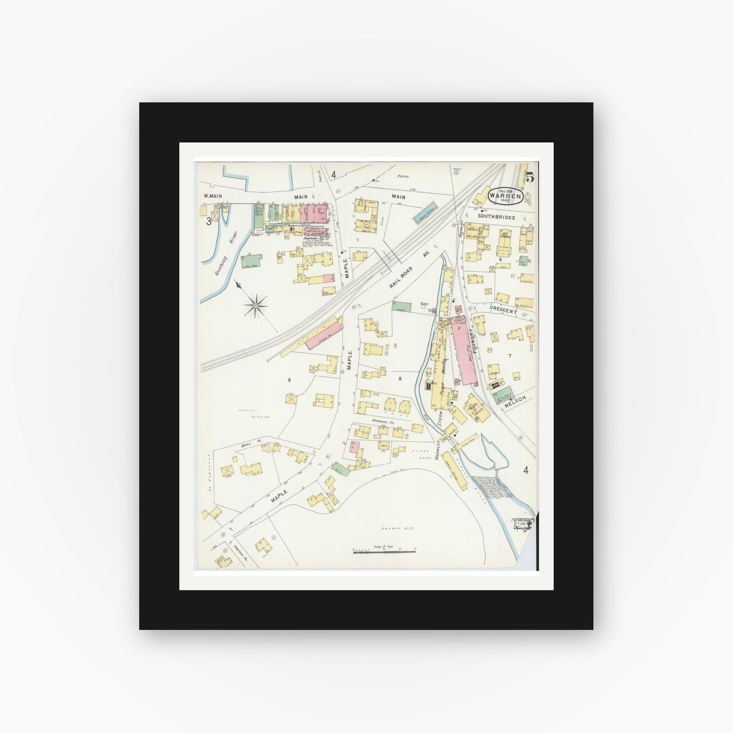 Old map wall art mockup — black gallery frame with white mat — Sanborn Fire Insurance Map from Warren, Worcester County, Massachusetts (1896), Sheet #0005