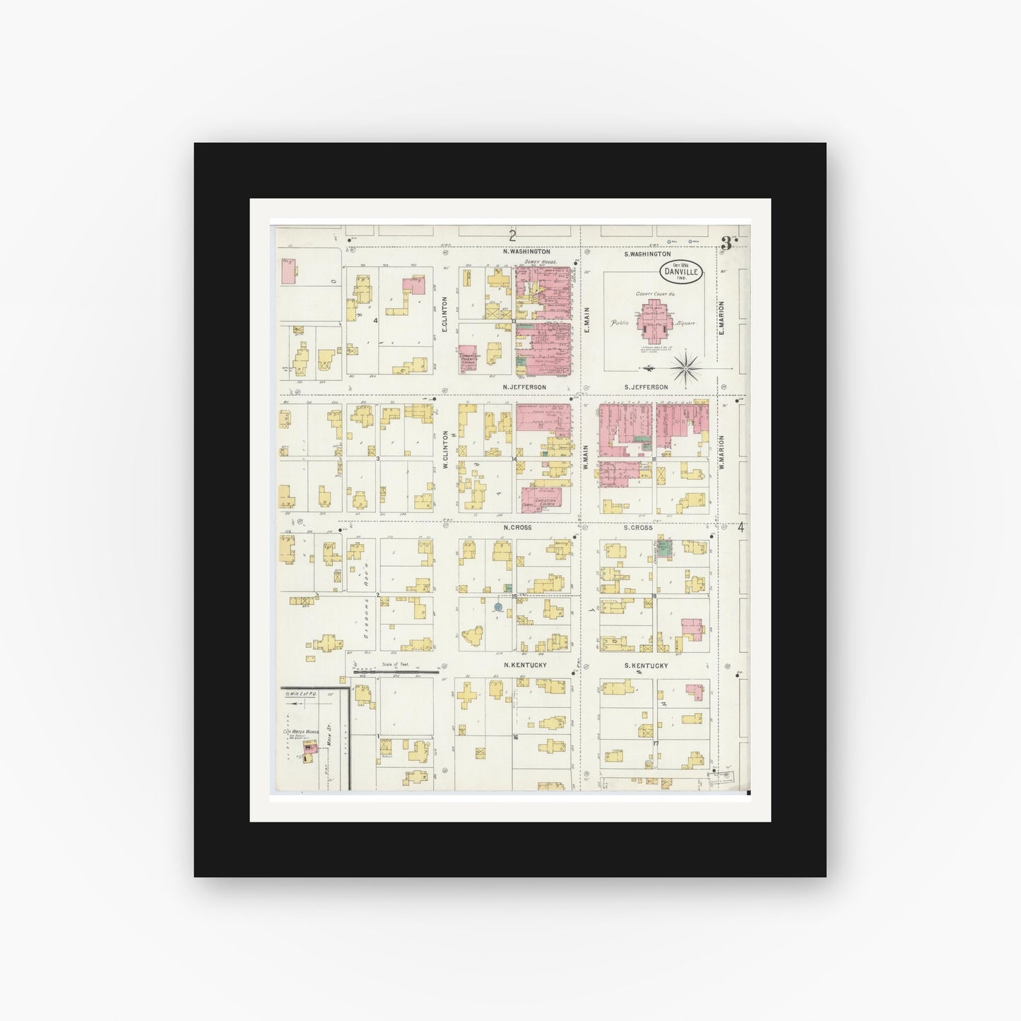 Old map wall art mockup — black gallery frame with white mat — Sanborn Fire Insurance Map from Danville, Hendricks County, Indiana (1898), Sheet #0003