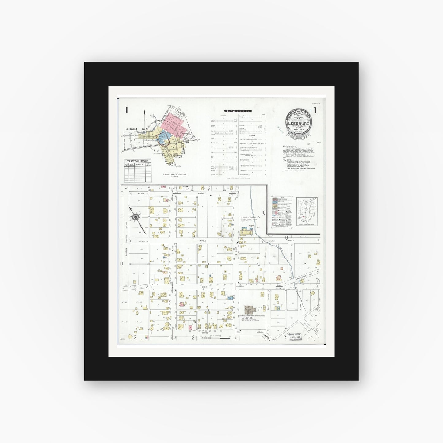 Old map wall art mockup — black gallery frame with white mat — Sanborn Fire Insurance Map from Leesburg, Highland County, Ohio (1948), Sheet #0001