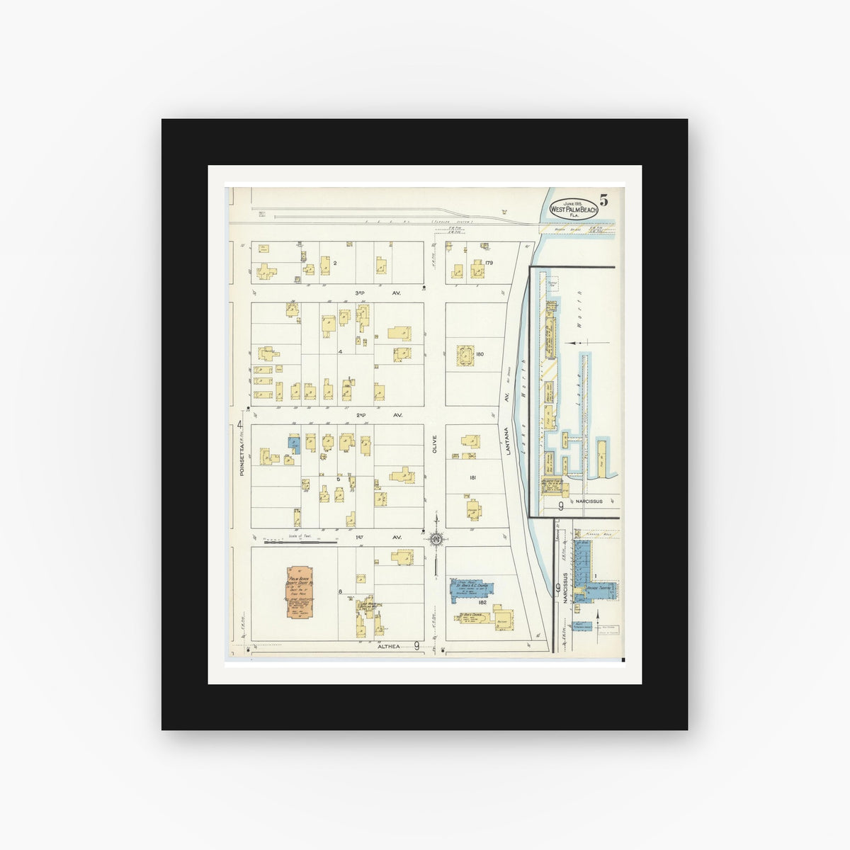 Old map wall art mockup — black gallery frame with white mat — Sanborn Fire Insurance Map from West Palm Beach, Dade County, Florida (1915), Sheet #0005
