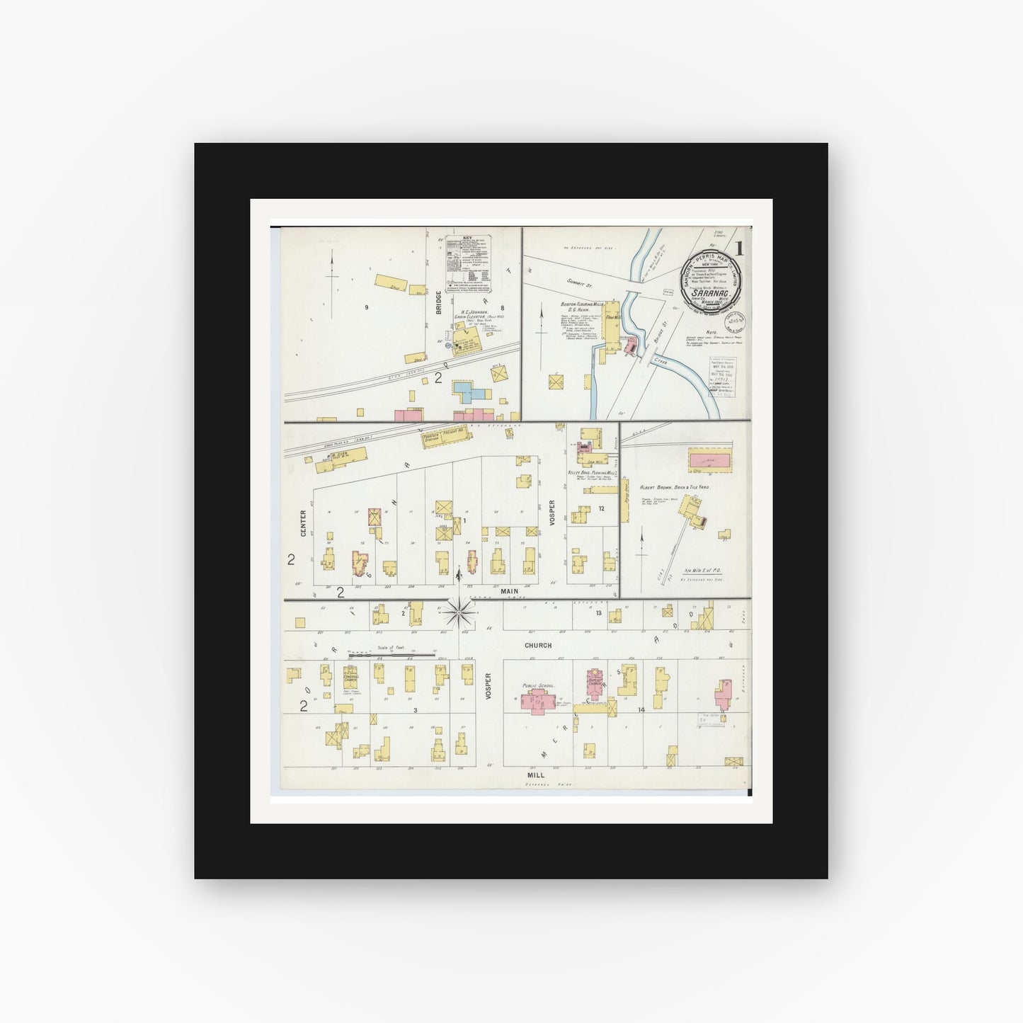 Old map wall art mockup — black gallery frame with white mat — Sanborn Fire Insurance Map from Saranac, Ionia County, Michigan (1900) - Complete Map Set