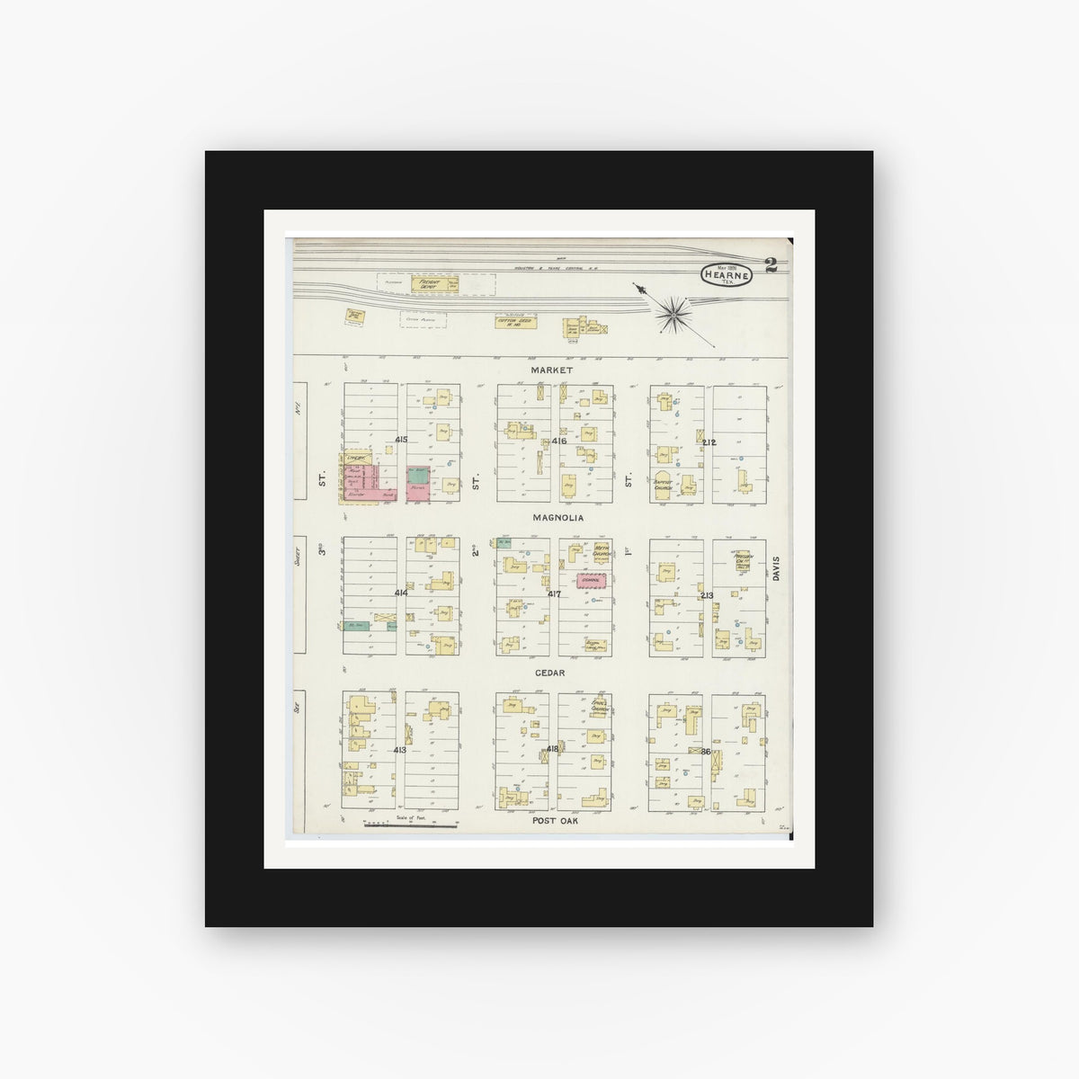 Old map wall art mockup — black gallery frame with white mat — Sanborn Fire Insurance Map from Hearne, Robertson County, Texas (1891), Sheet #0002