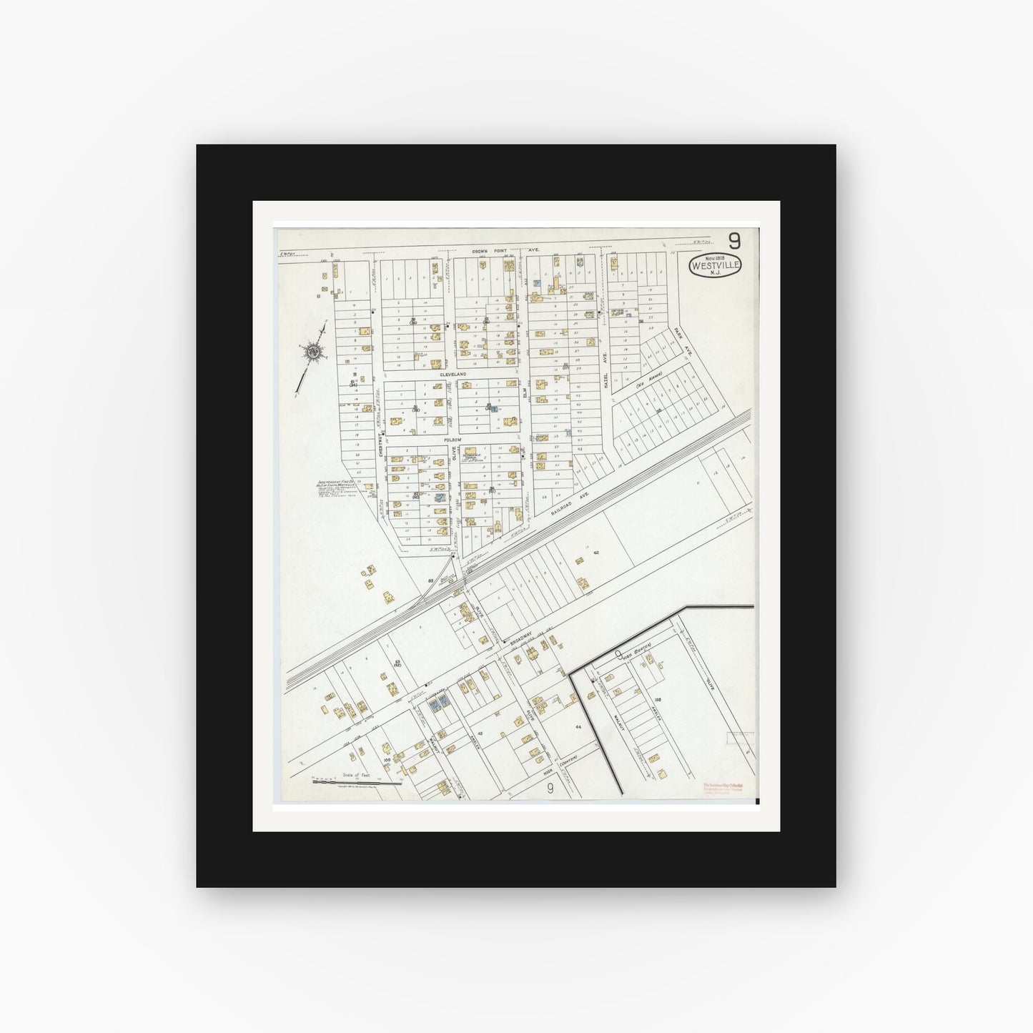 Old map wall art mockup — black gallery frame with white mat — Sanborn Fire Insurance Map from Westville, Gloucester County, New Jersey (1919), Sheet #0009