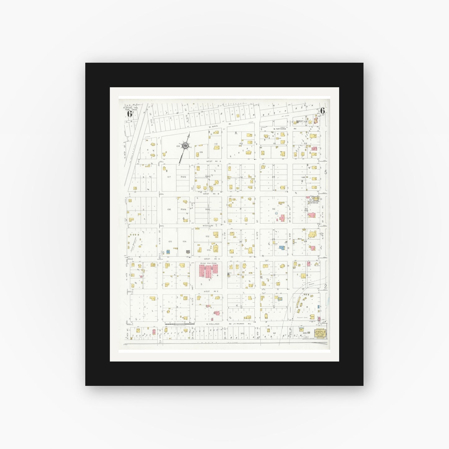 Old map wall art mockup — black gallery frame with white mat — Sanborn Fire Insurance Map from Alpine, Brewster County, Texas (1933), Sheet #0006