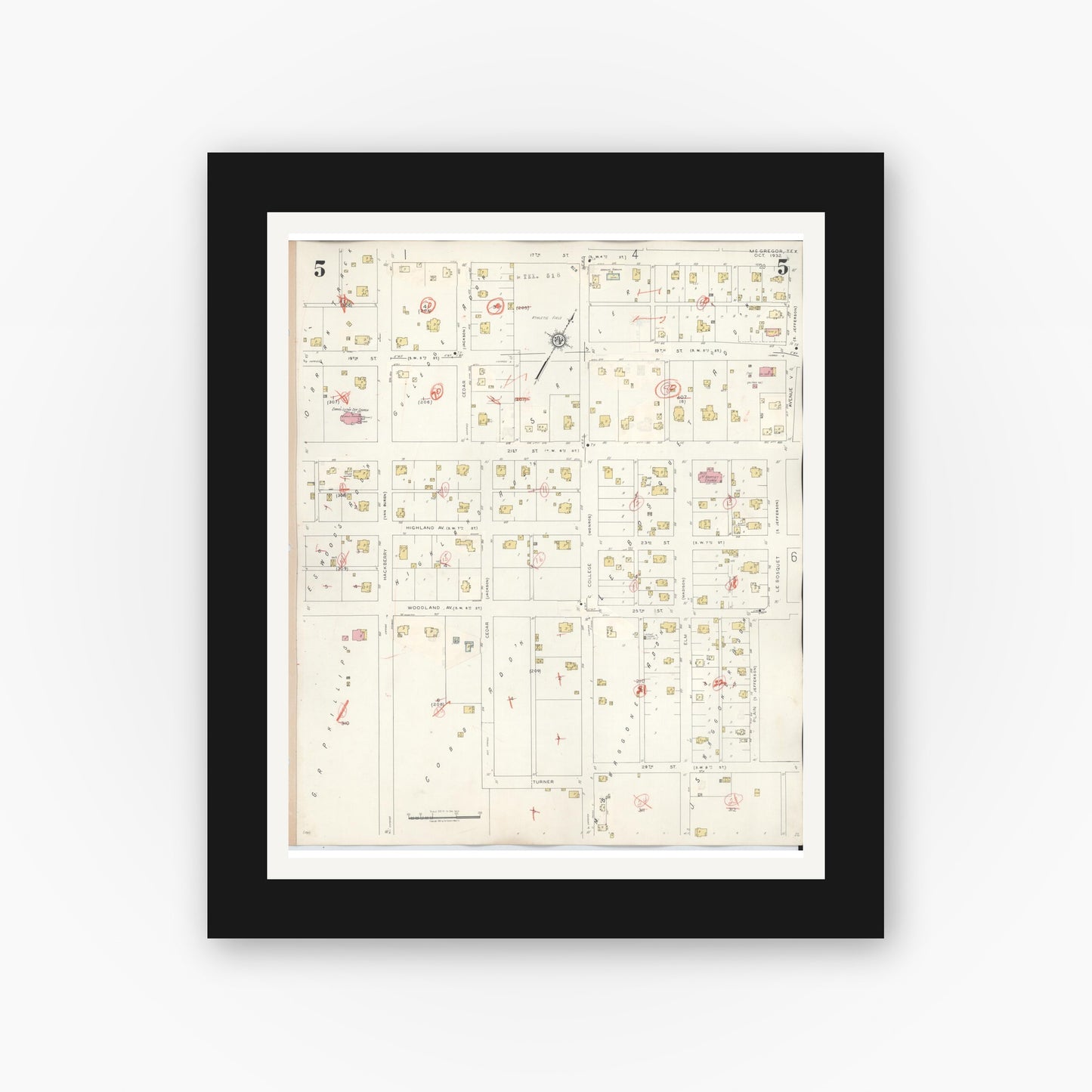 Old map wall art mockup — black gallery frame with white mat — Sanborn Fire Insurance Map from McGregor, McLennan County, Texas (1942), Sheet #0005