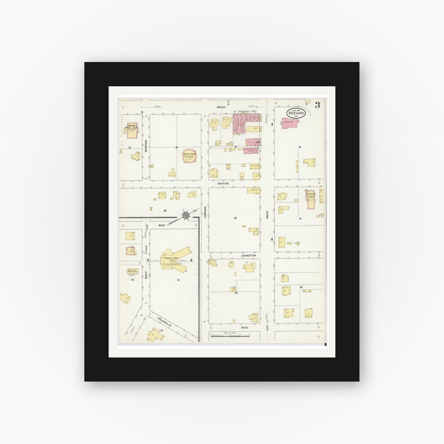 Old map wall art mockup — black gallery frame with white mat — Sanborn Fire Insurance Map from Brevard, Transylvania County, North Carolina (1911), Sheet #0003