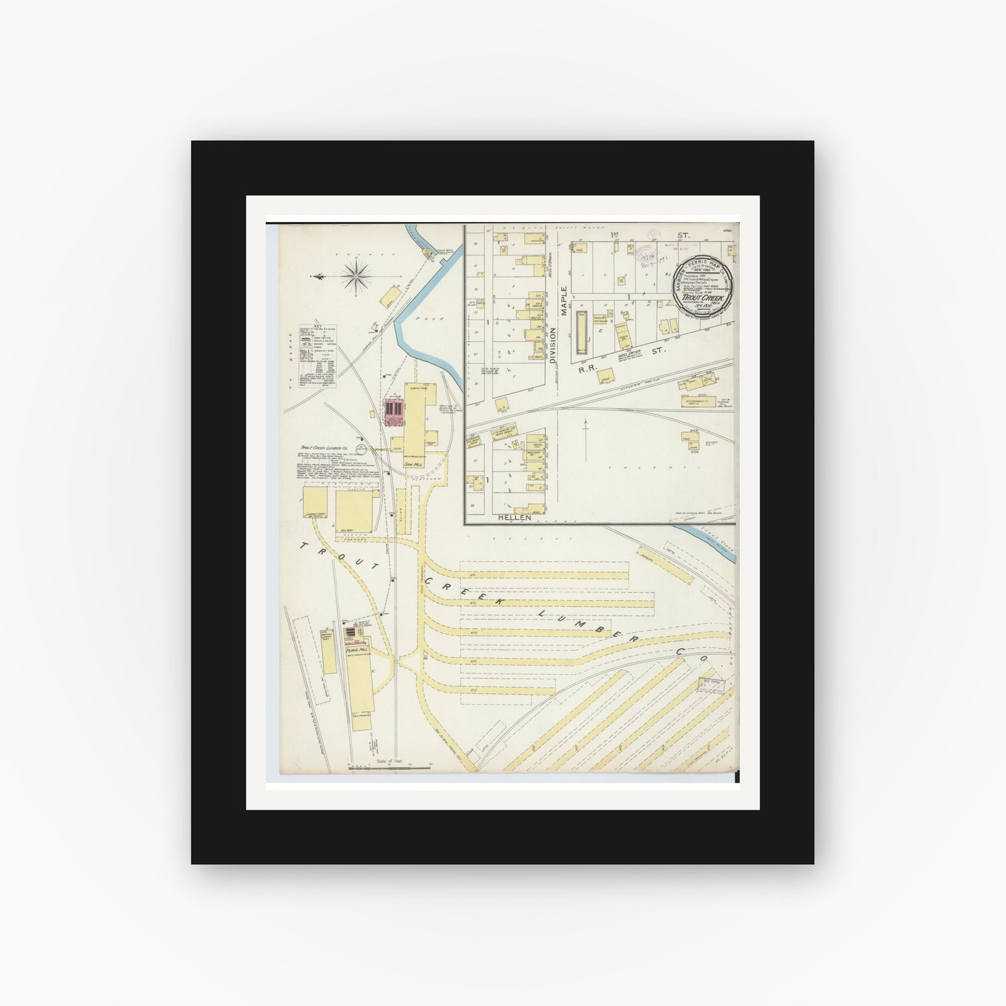 Old map wall art mockup — black gallery frame with white mat — Sanborn Fire Insurance Map from Trout Creek, Ontonagon County, Michigan (1893), Sheet #0001