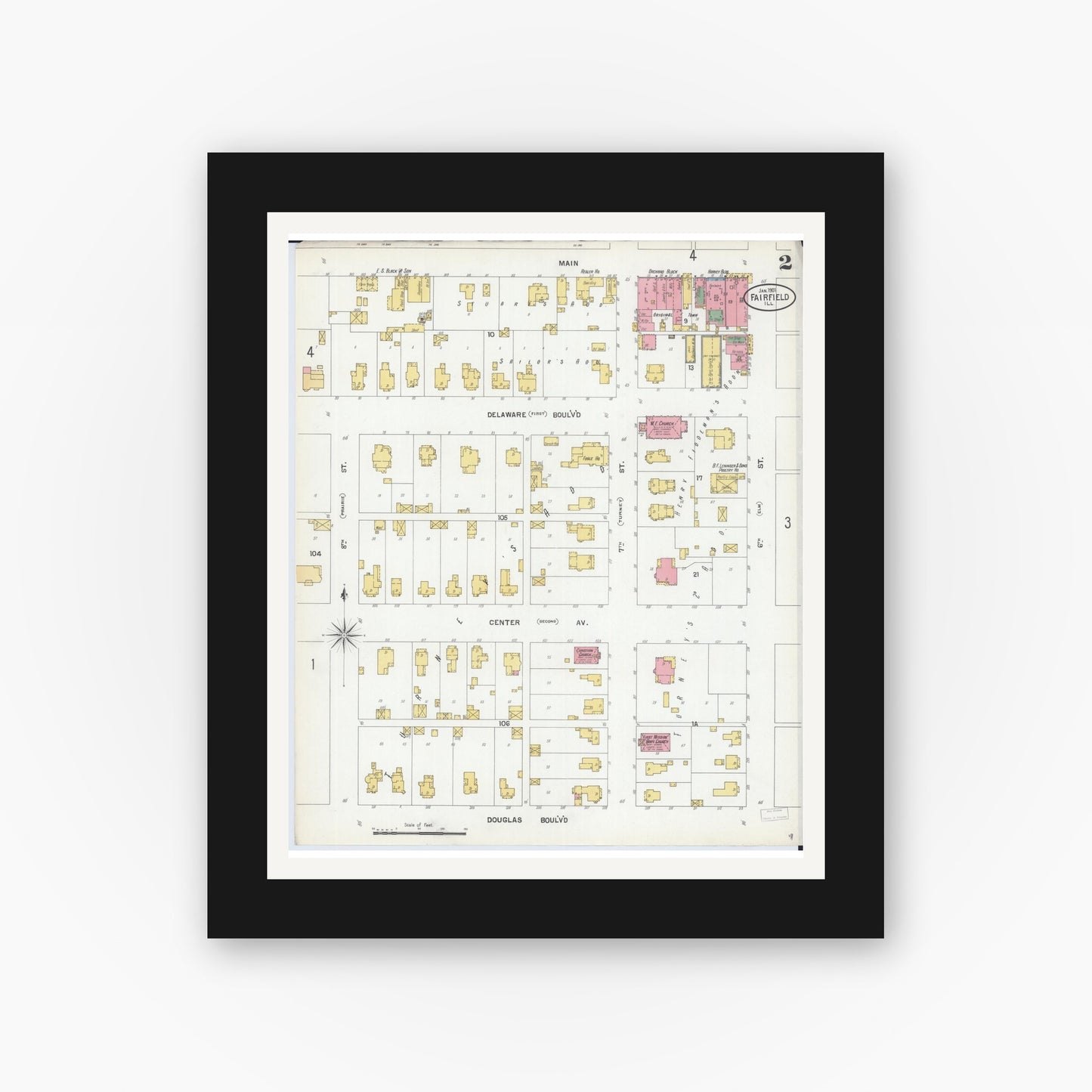 Old map wall art mockup — black gallery frame with white mat — Sanborn Fire Insurance Map from Fairfield, Wayne County, Illinois (1901), Sheet #0002