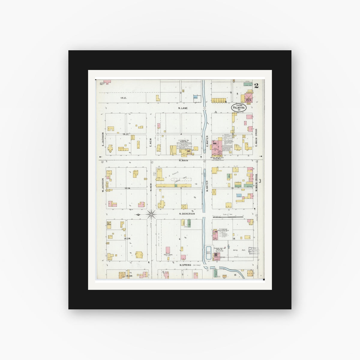 Old map wall art mockup — black gallery frame with white mat — Sanborn Fire Insurance Map from Palmyra, Marion County, Missouri (1899), Sheet #0002