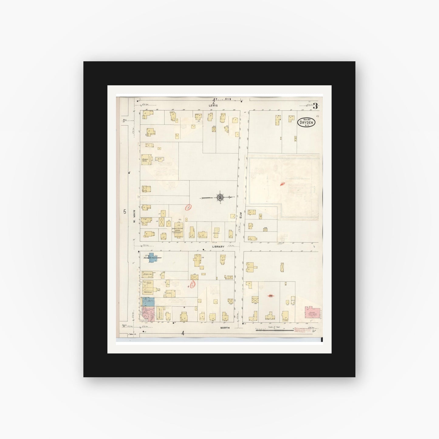 Old map wall art mockup — black gallery frame with white mat — Sanborn Fire Insurance Map from Dryden, Tompkins County, New York (1937), Sheet #0003