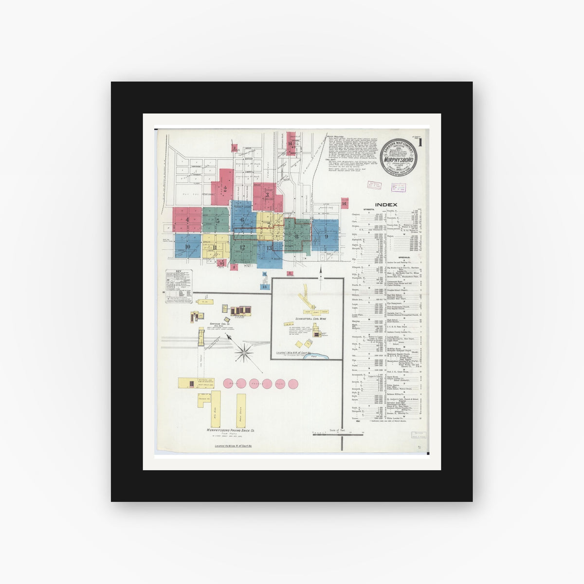 Old map wall art mockup — black gallery frame with white mat — Sanborn Fire Insurance Map from Murphysboro, Jackson County, Illinois (1909), Sheet #0001