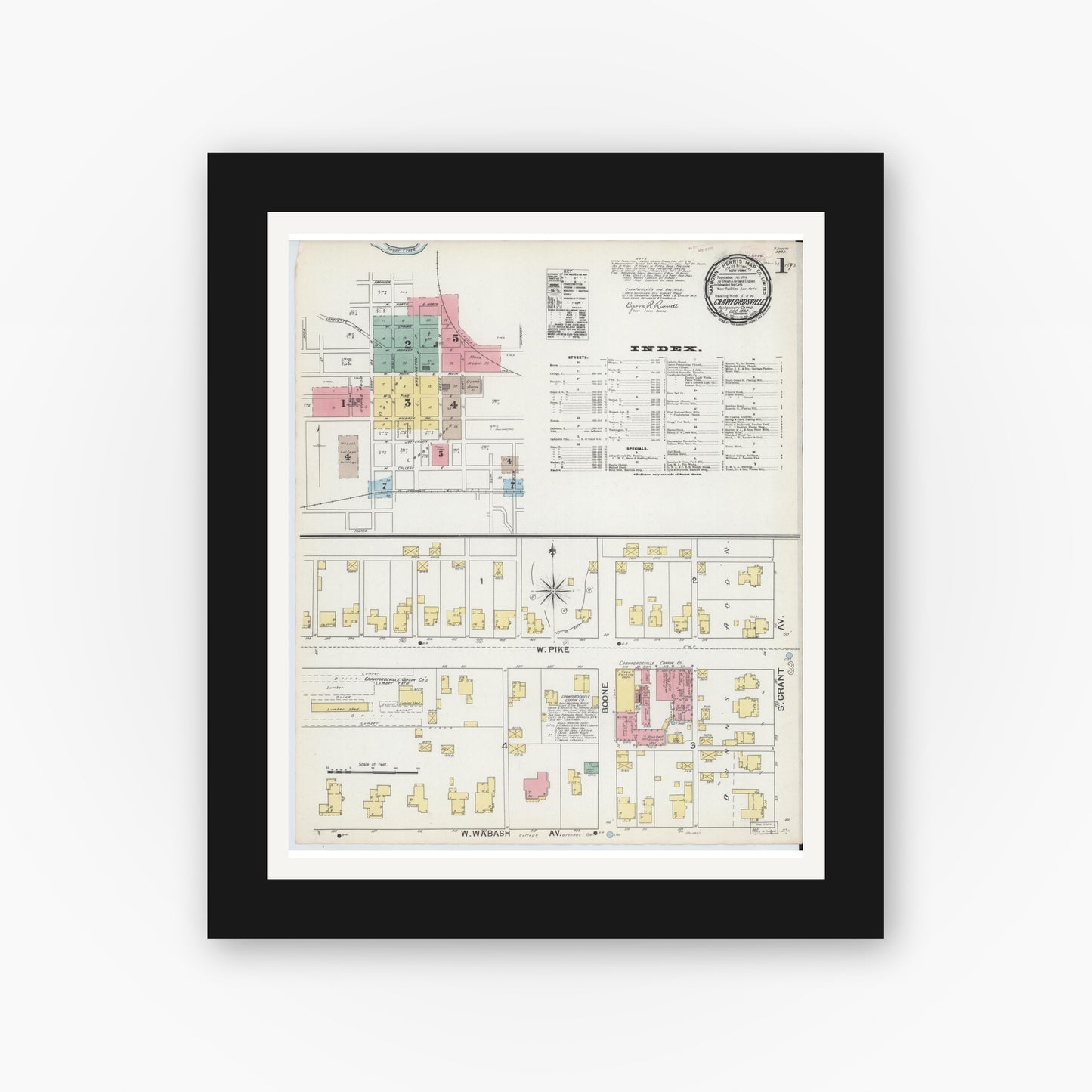 Old map wall art mockup — black gallery frame with white mat — Sanborn Fire Insurance Map from Crawfordsville, Montgomery County, Indiana (1892) - Complete Map Set