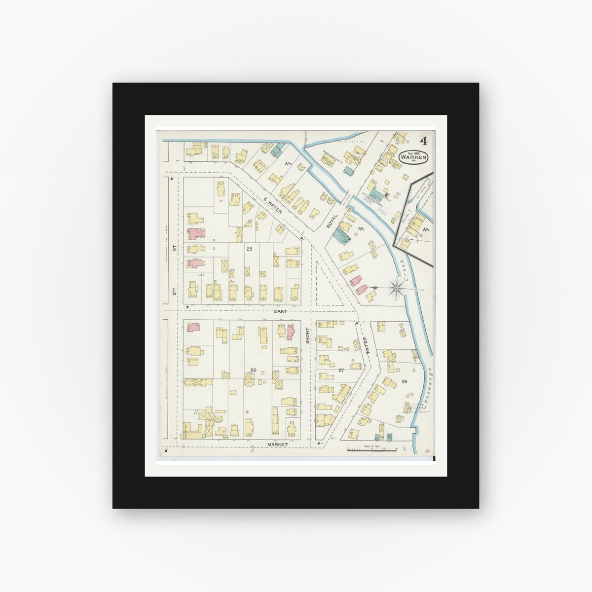 Old map wall art mockup — black gallery frame with white mat — Sanborn Fire Insurance Map from Warren, Warren County, Pennsylvania (1892), Sheet #0004