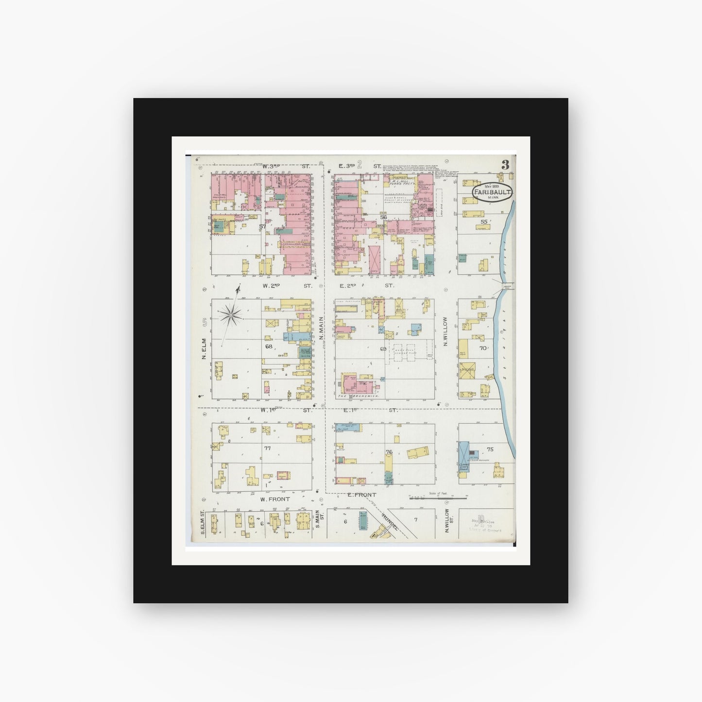 Old map wall art mockup — black gallery frame with white mat — Sanborn Fire Insurance Map from Faribault, Rice County, Minnesota (1893), Sheet #0003