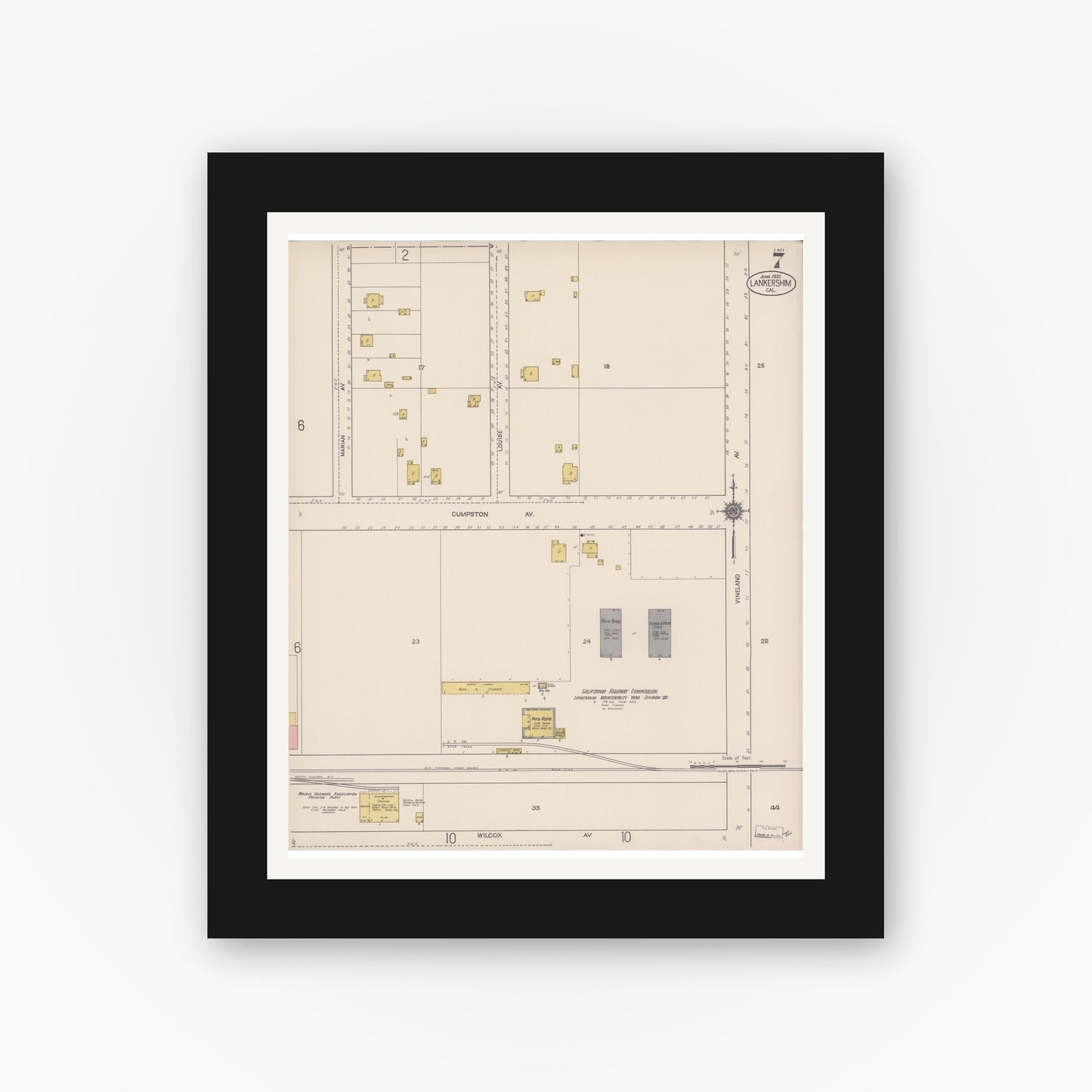 Old map wall art mockup — black gallery frame with white mat — Sanborn Fire Insurance Map from Lankershim, Los Angeles County, California (1922), Sheet #0007