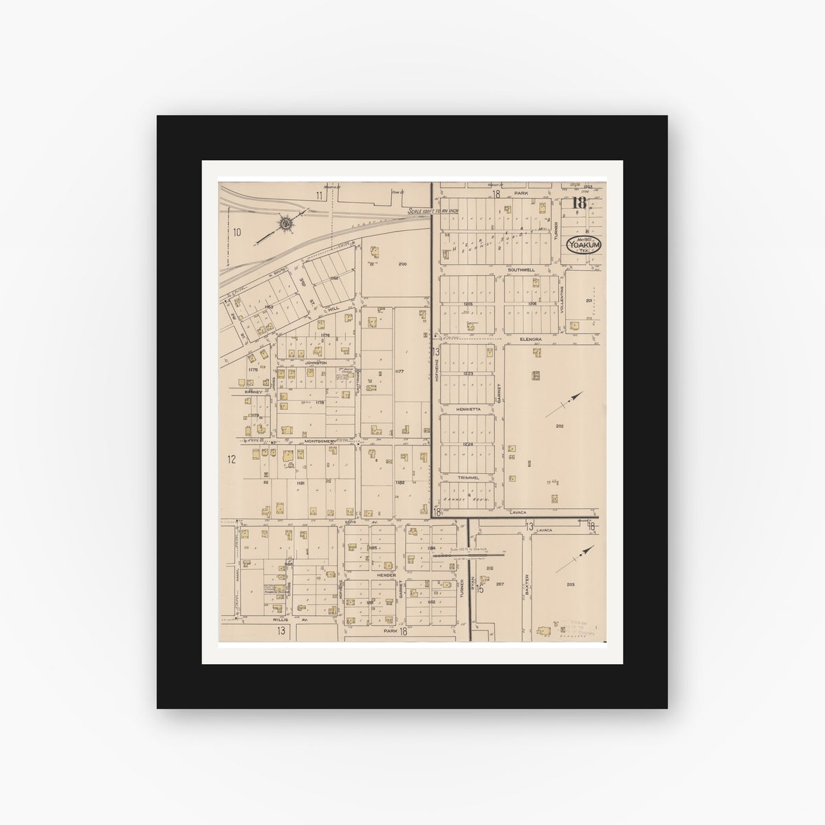 Old map wall art mockup — black gallery frame with white mat — Sanborn Fire Insurance Map from Yoakum, De Witt And Lavaca Counties, Texas (1922), Sheet #0018