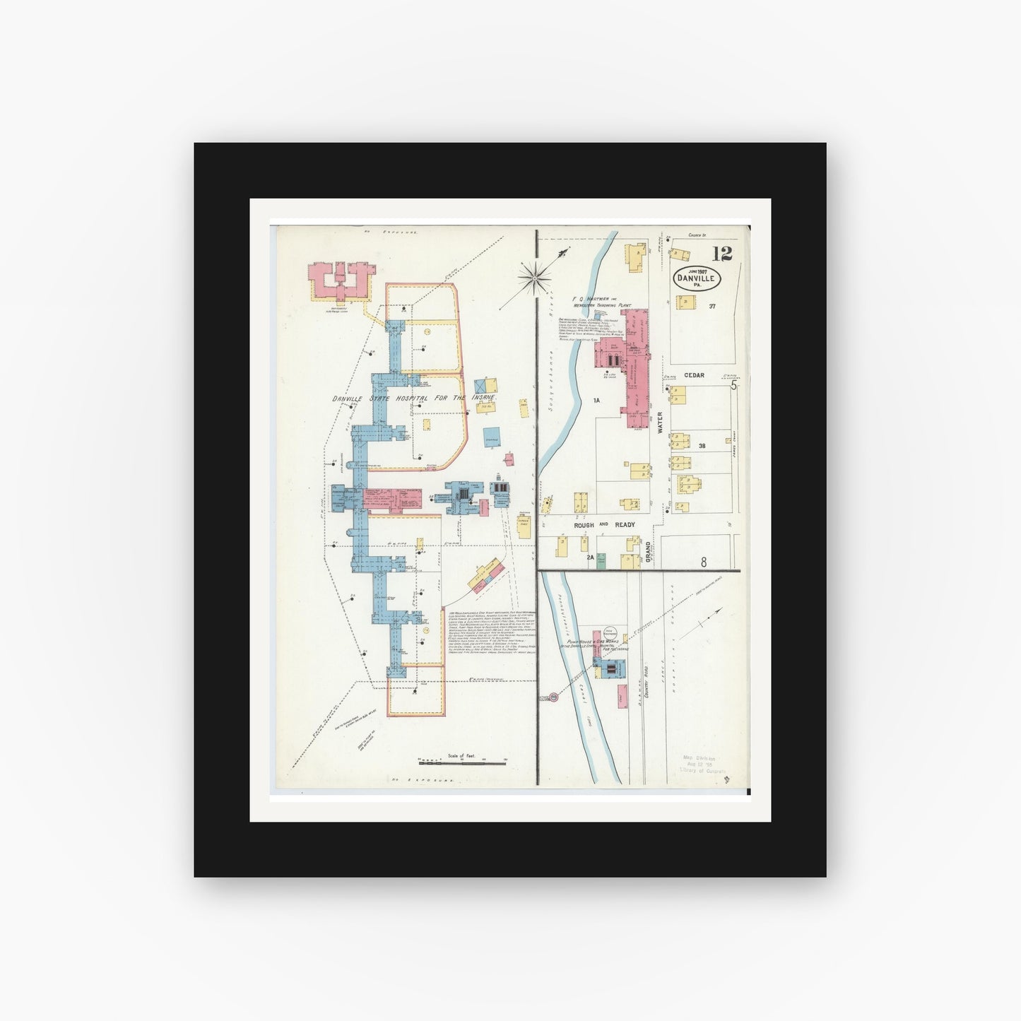 Old map wall art mockup — black gallery frame with white mat — Sanborn Fire Insurance Map from Danville, Montour County, Pennsylvania (1907), Sheet #0012