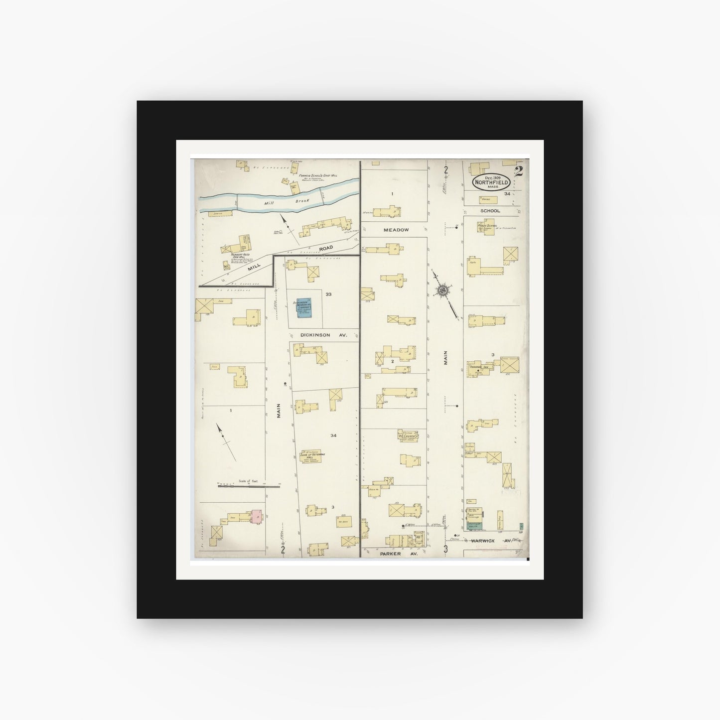 Old map wall art mockup — black gallery frame with white mat — Sanborn Fire Insurance Map from Northfield, Franklin County, Massachusetts (1909), Sheet #0002