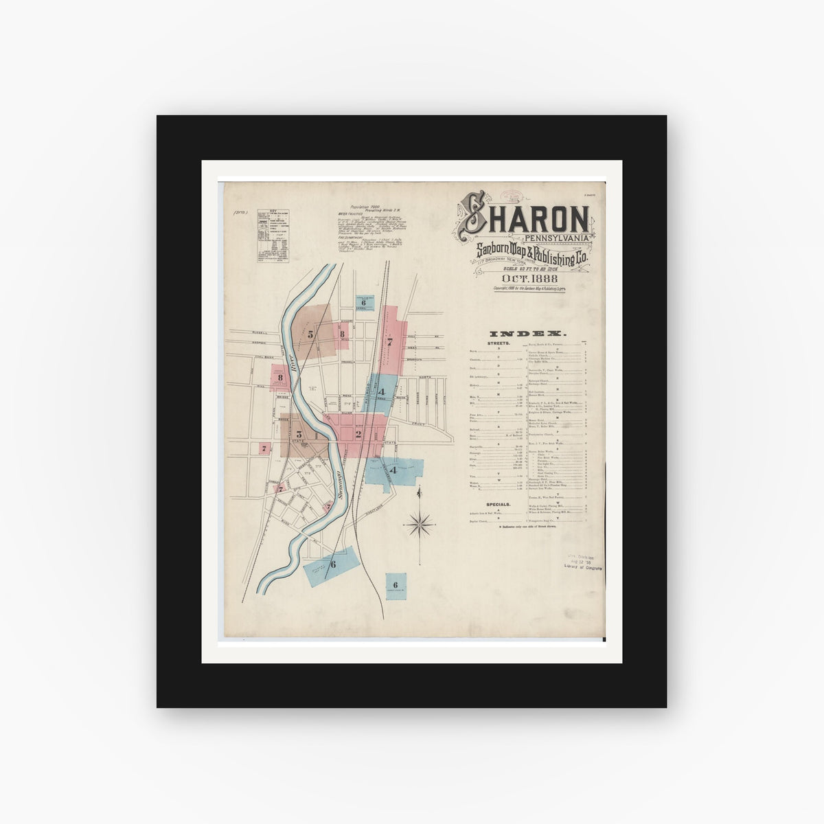 Old map wall art mockup — black gallery frame with white mat — Sanborn Fire Insurance Map from Sharon, Mercer County, Pennsylvania (1888) - Complete Map Set