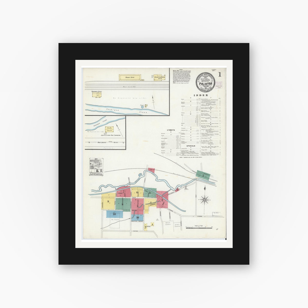 Old map wall art mockup — black gallery frame with white mat — Sanborn Fire Insurance Map from Palmyra, Wayne County, New York (1906), Sheet #0001