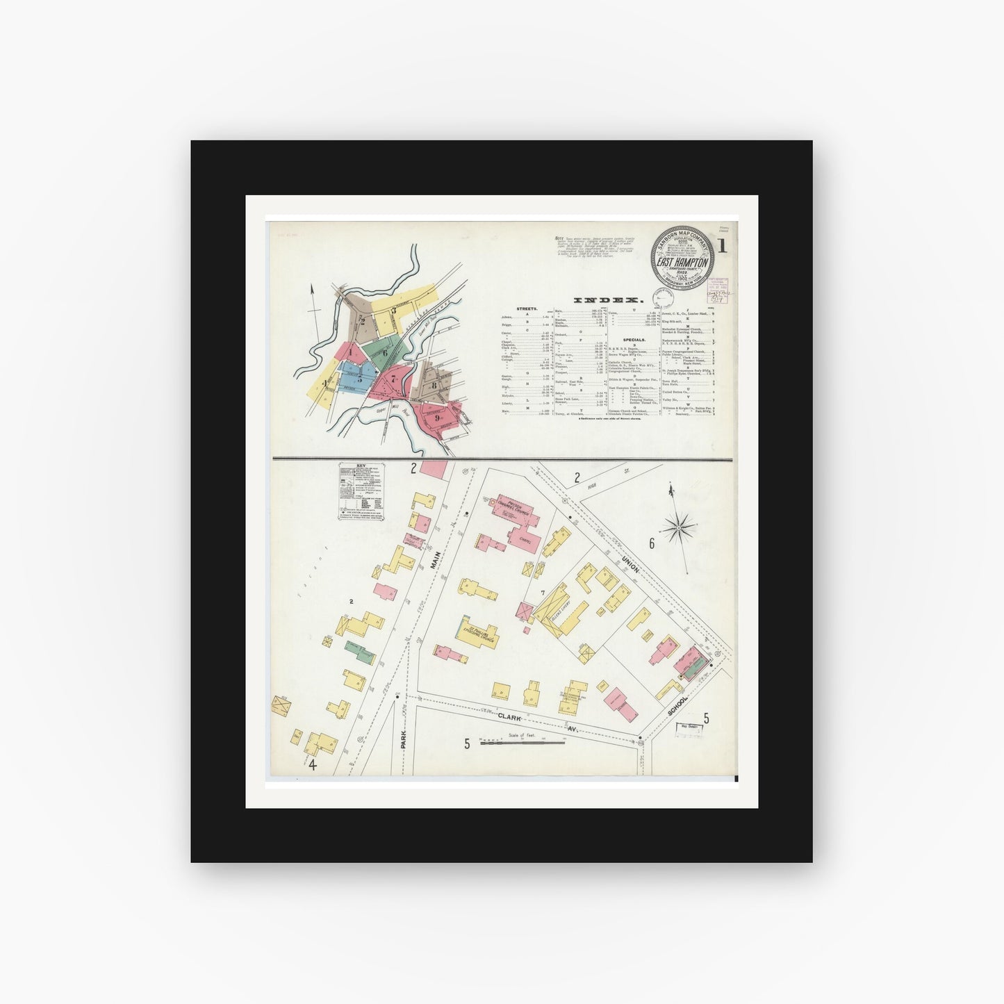 Old map wall art mockup — black gallery frame with white mat — Sanborn Fire Insurance Map from East Hampton, Hampshire County, Massachusetts (1902) - Complete Map Set