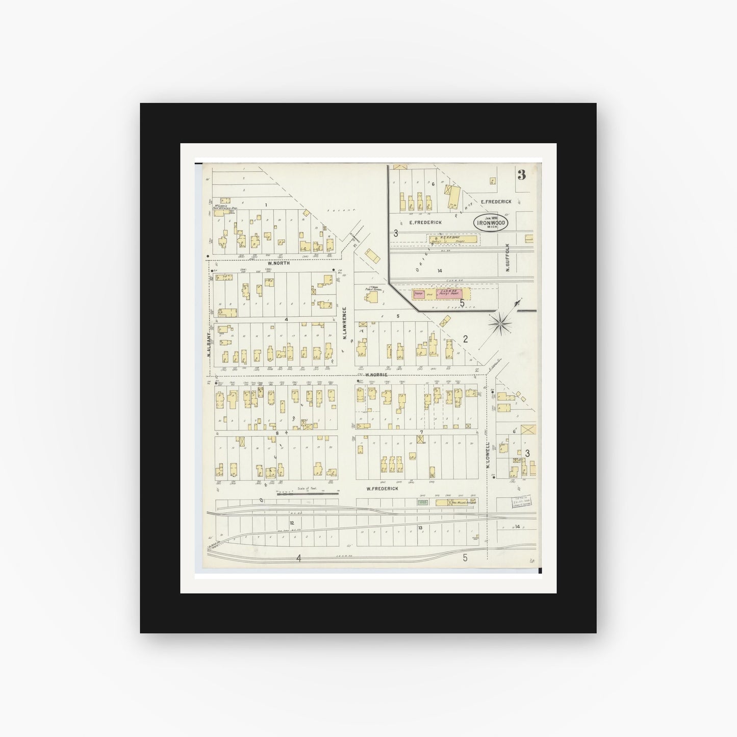Old map wall art mockup — black gallery frame with white mat — Sanborn Fire Insurance Map from Ironwood, Gogebic County, Michigan (1898), Sheet #0003