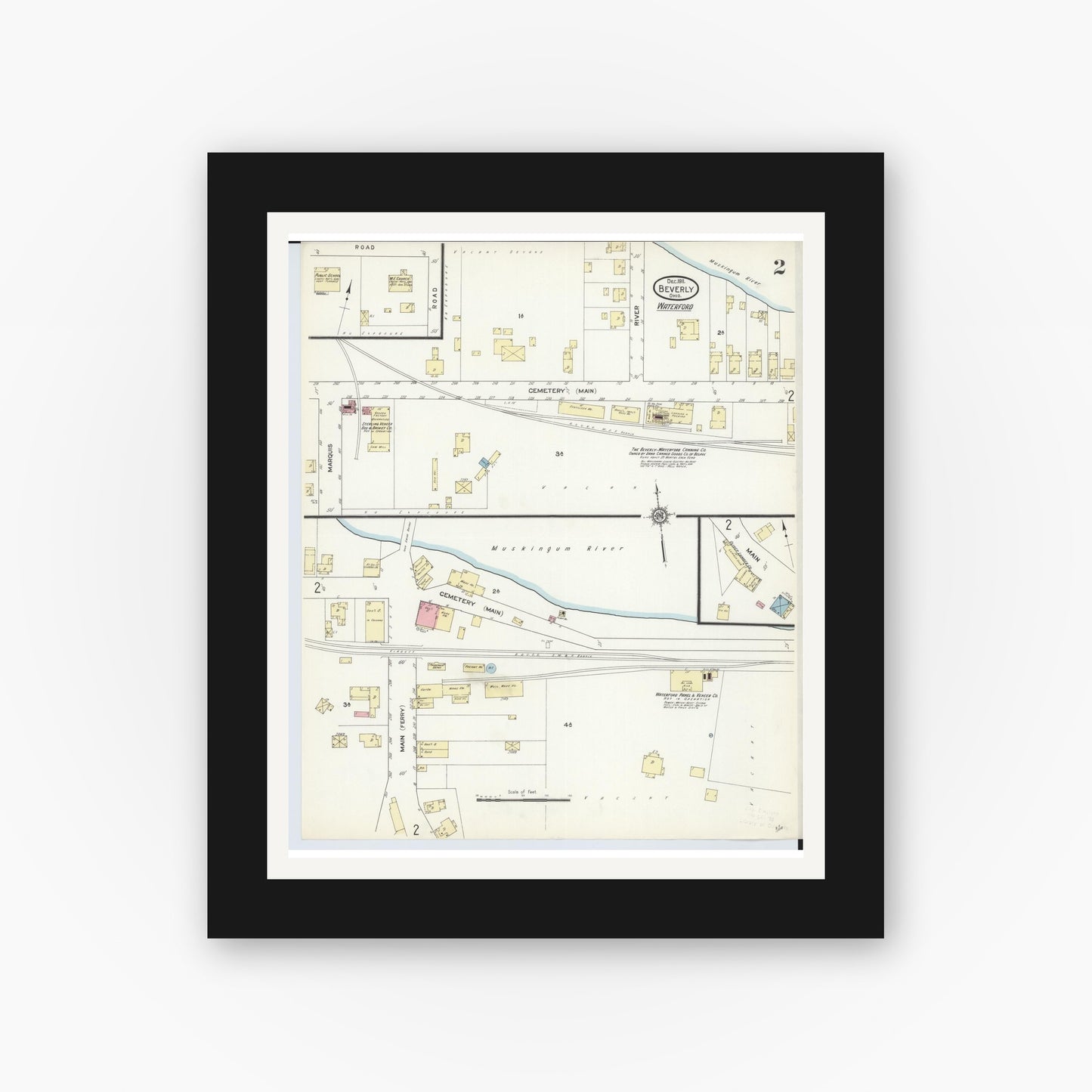 Old map wall art mockup — black gallery frame with white mat — Sanborn Fire Insurance Map from Beverly, Washington County, Ohio (1911), Sheet #0002