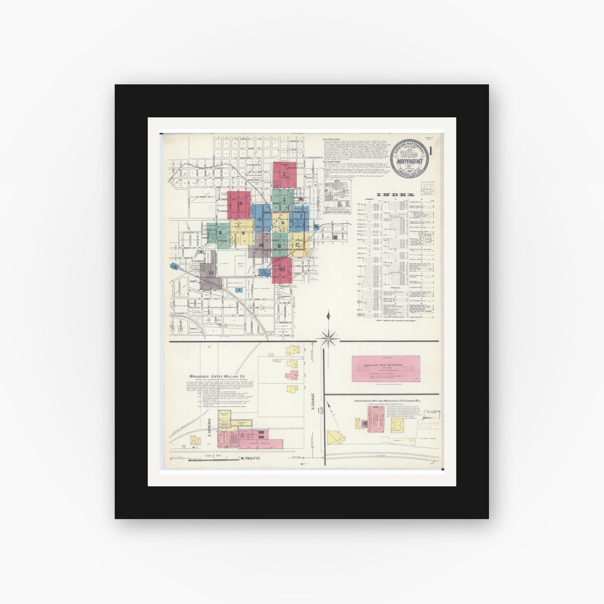 Old map wall art mockup — black gallery frame with white mat — Sanborn Fire Insurance Map from Independence, Jackson County, Missouri (1907) - Complete Map Set