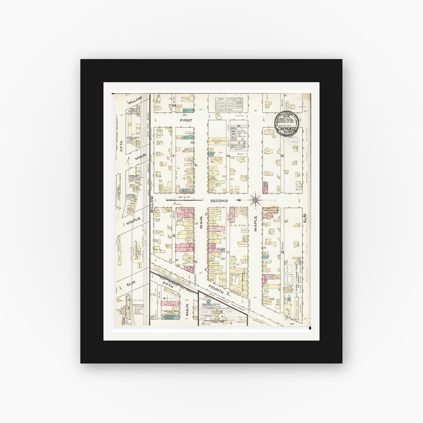 Old map wall art mockup — black gallery frame with white mat — Sanborn Fire Insurance Map from Cherokee, Cherokee County, Iowa (1883), Sheet #0001