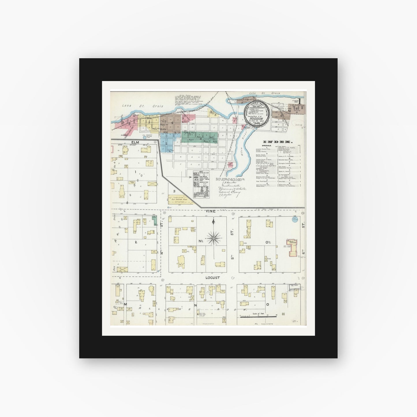 Old map wall art mockup — black gallery frame with white mat — Sanborn Fire Insurance Map from Hudson, St. Croix County, Wisconsin (1891) - Complete Map Set