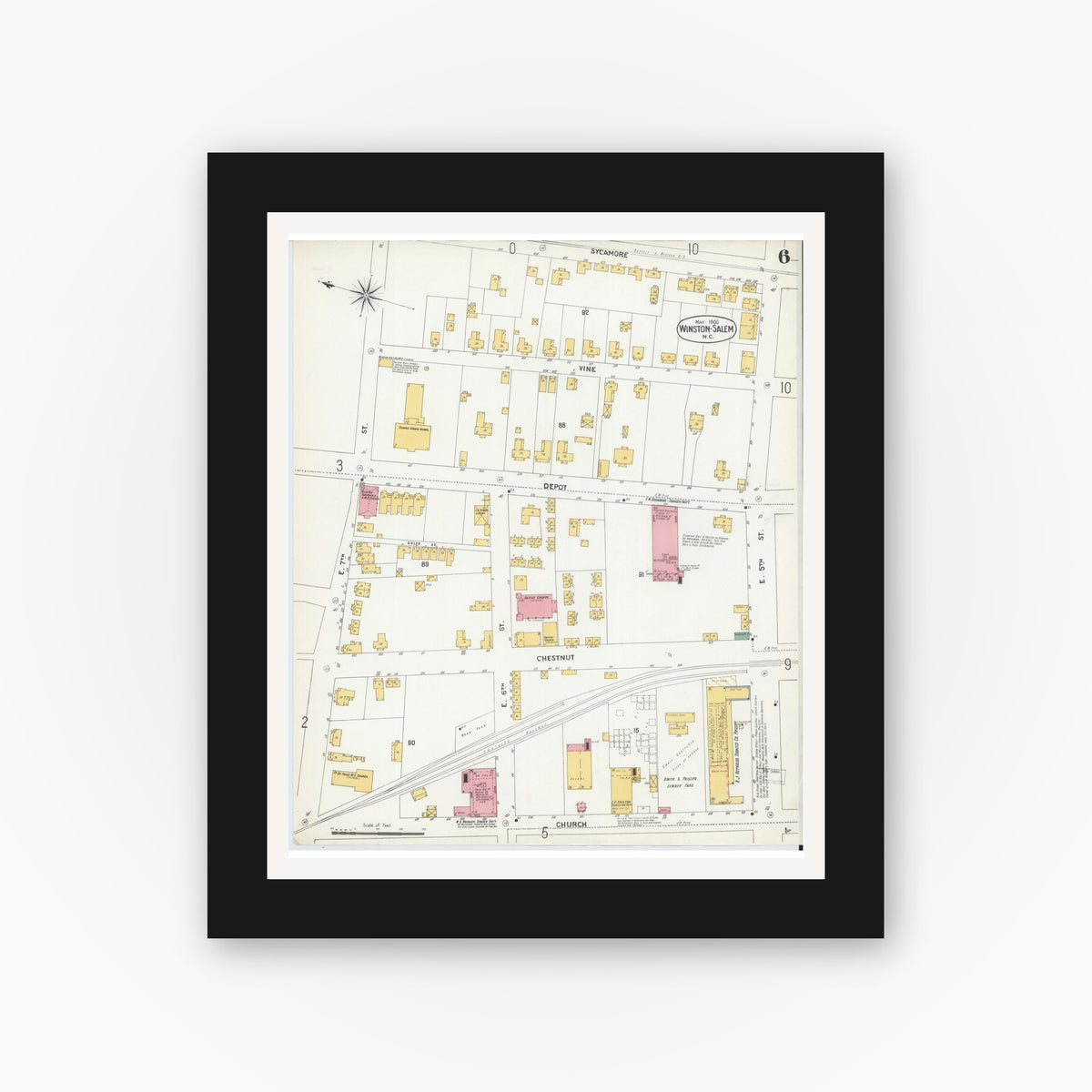 Old map wall art mockup — black gallery frame with white mat — Sanborn Fire Insurance Map from Winston-Salem, Forsyth County, North Carolina (1900), Sheet #0006