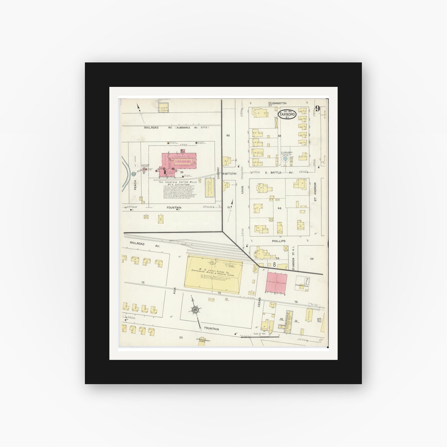 Old map wall art mockup — black gallery frame with white mat — Sanborn Fire Insurance Map from Tarboro, Edgecombe County, North Carolina (1913), Sheet #0009