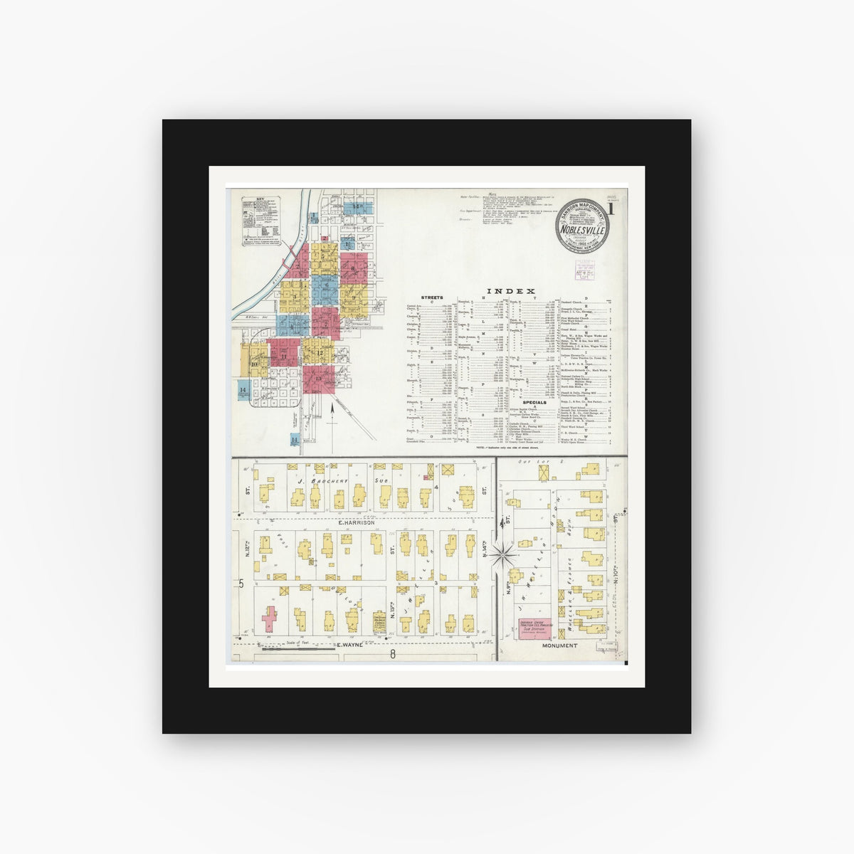 Old map wall art mockup — black gallery frame with white mat — Sanborn Fire Insurance Map from Noblesville, Hamilton County, Indiana (1905), Sheet #0001