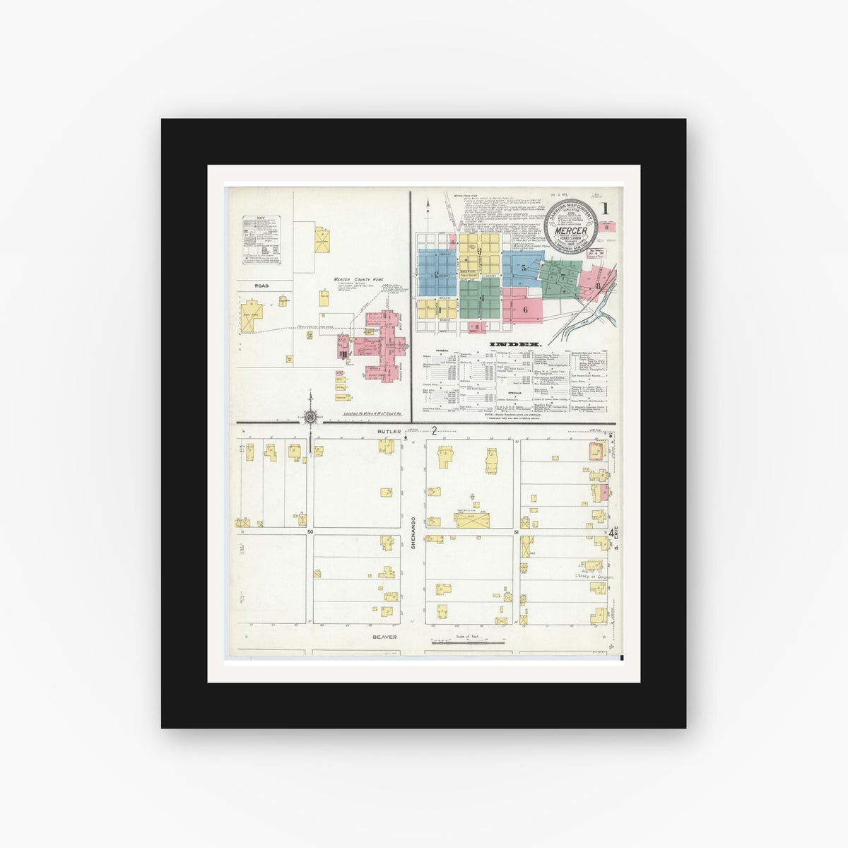 Old map wall art mockup — black gallery frame with white mat — Sanborn Fire Insurance Map from Mercer, Mercer County, Pennsylvania (1910) - Complete Map Set