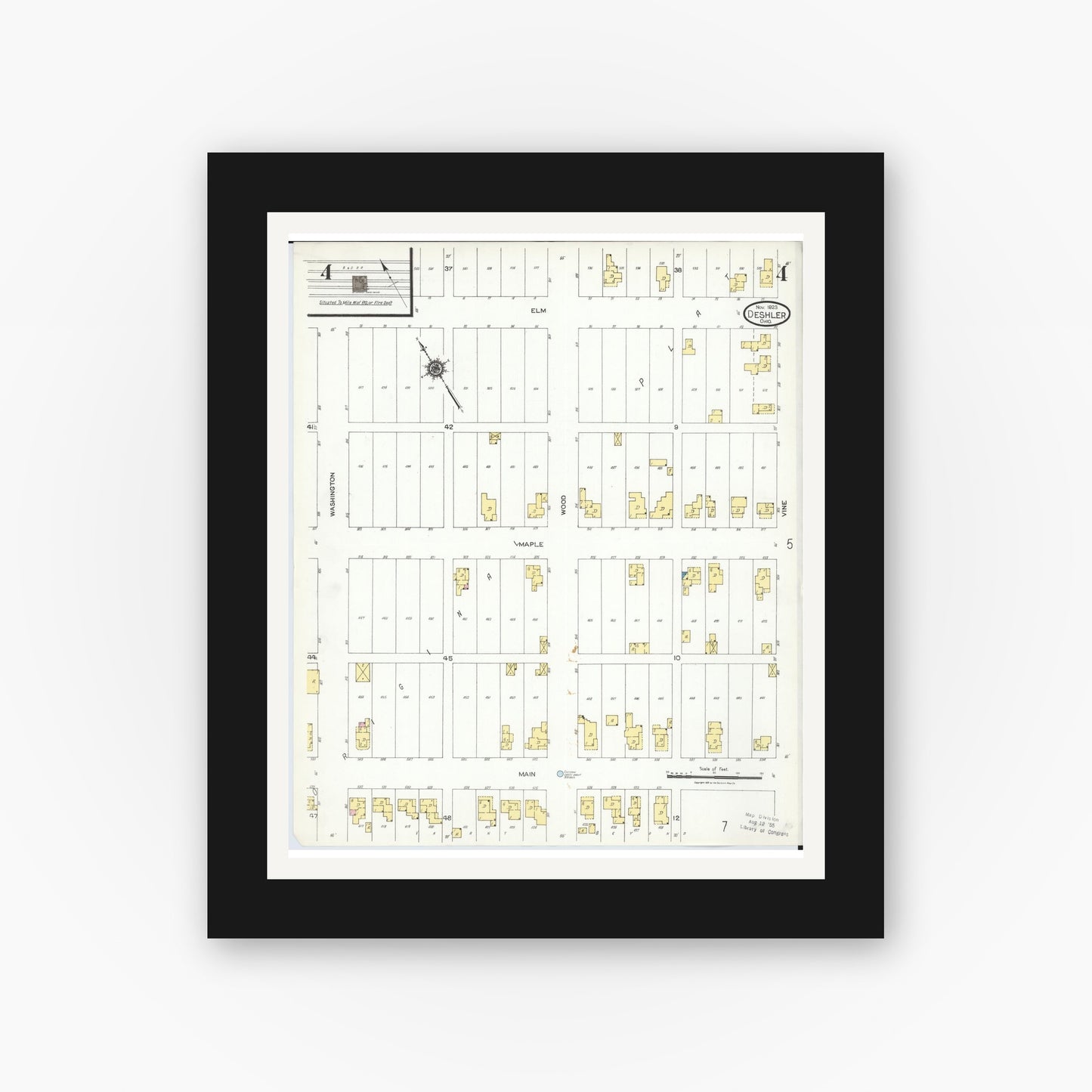 Old map wall art mockup — black gallery frame with white mat — Sanborn Fire Insurance Map from Deshler, Henry County, Ohio (1923), Sheet #0004