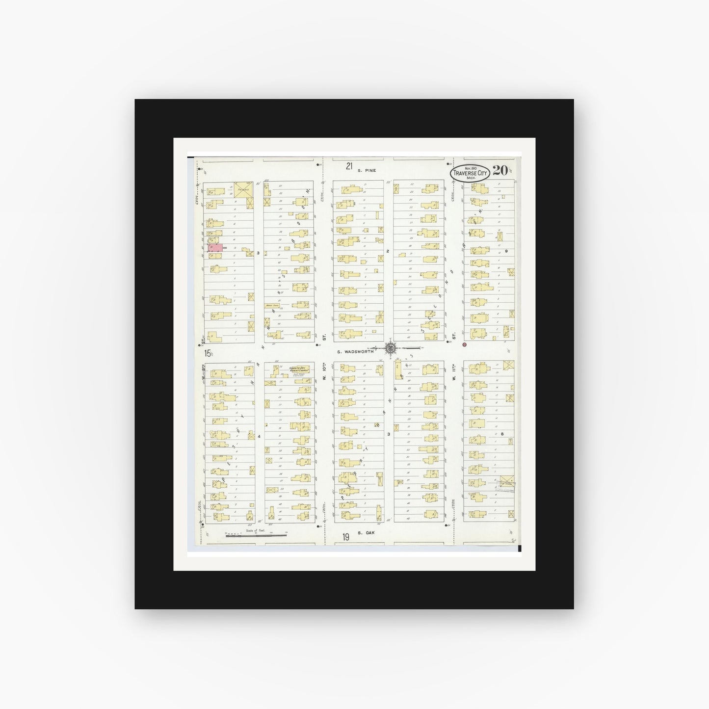 Old map wall art mockup — black gallery frame with white mat — Sanborn Fire Insurance Map from Traverse City, Grand Traverse County, Michigan (1910), Sheet #0020