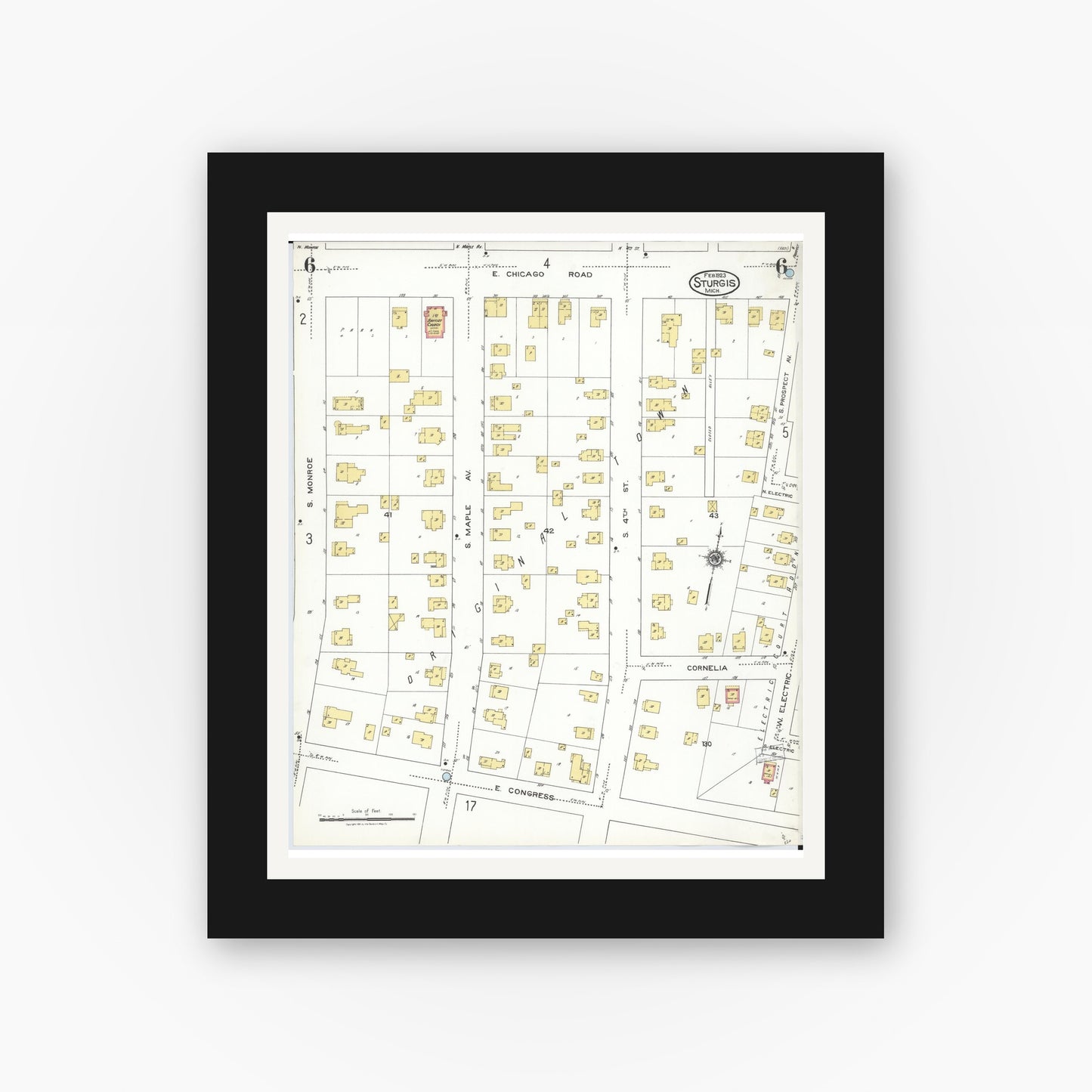 Old map wall art mockup — black gallery frame with white mat — Sanborn Fire Insurance Map from Sturgis, Saint Joseph County, Michigan (1923), Sheet #0006