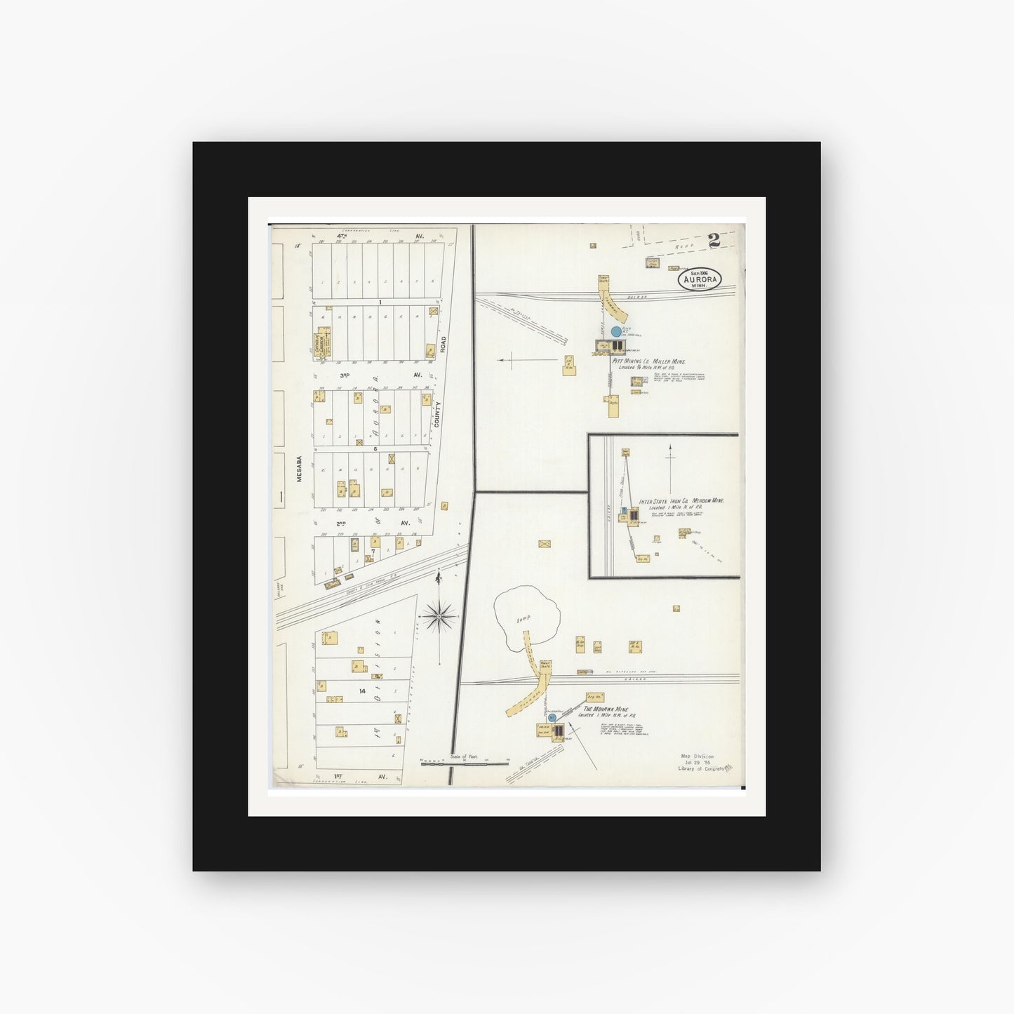 Old map wall art mockup — black gallery frame with white mat — Sanborn Fire Insurance Map from Aurora, Saint Louis County, Minnesota (1906), Sheet #0002