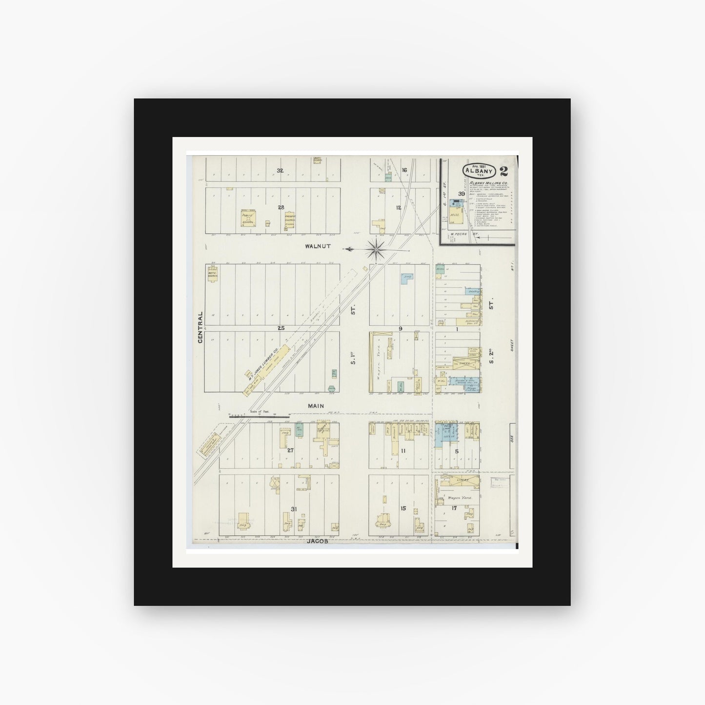 Old map wall art mockup — black gallery frame with white mat — Sanborn Fire Insurance Map from Albany, Shackelford County, Texas (1891), Sheet #0002