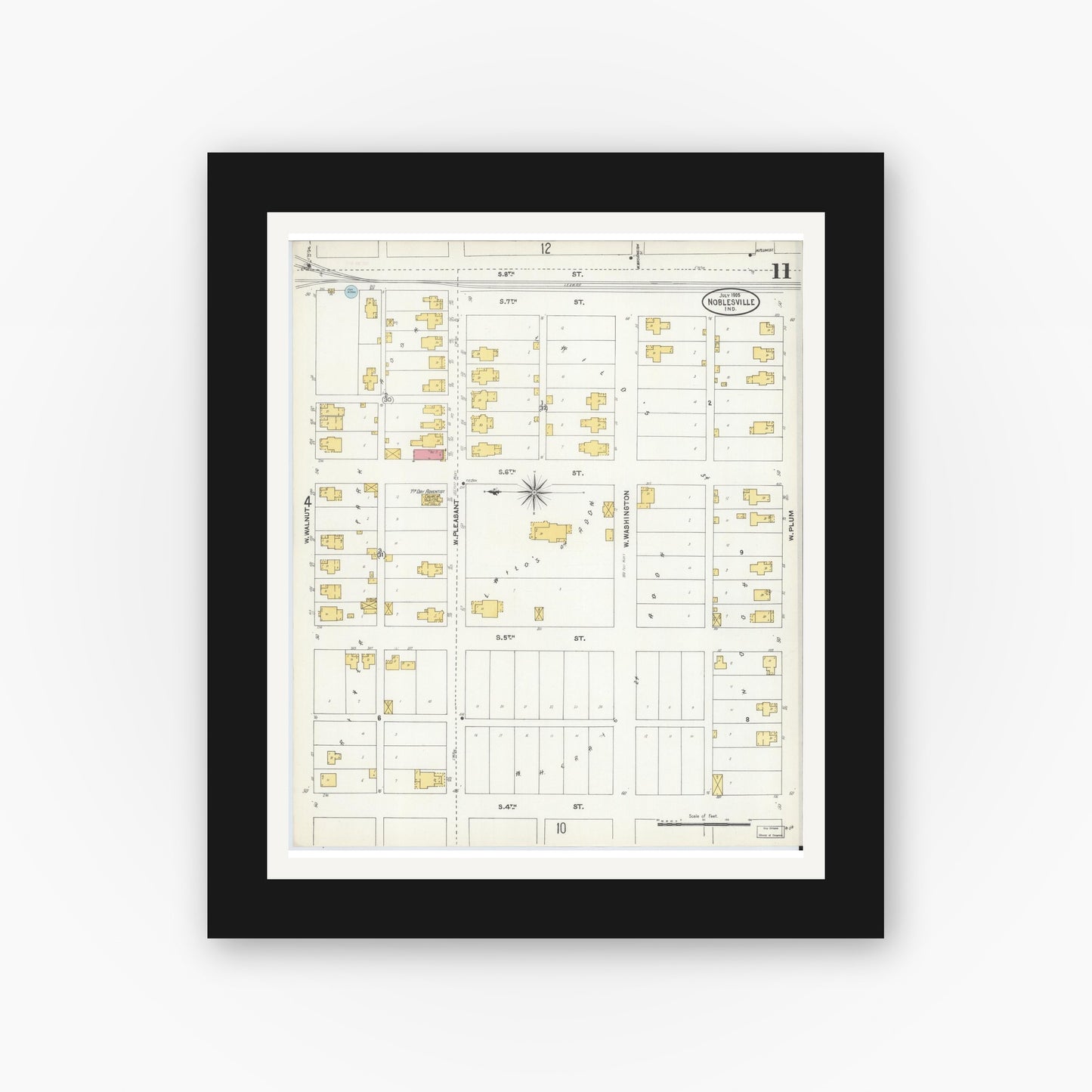 Old map wall art mockup — black gallery frame with white mat — Sanborn Fire Insurance Map from Noblesville, Hamilton County, Indiana (1905), Sheet #0011