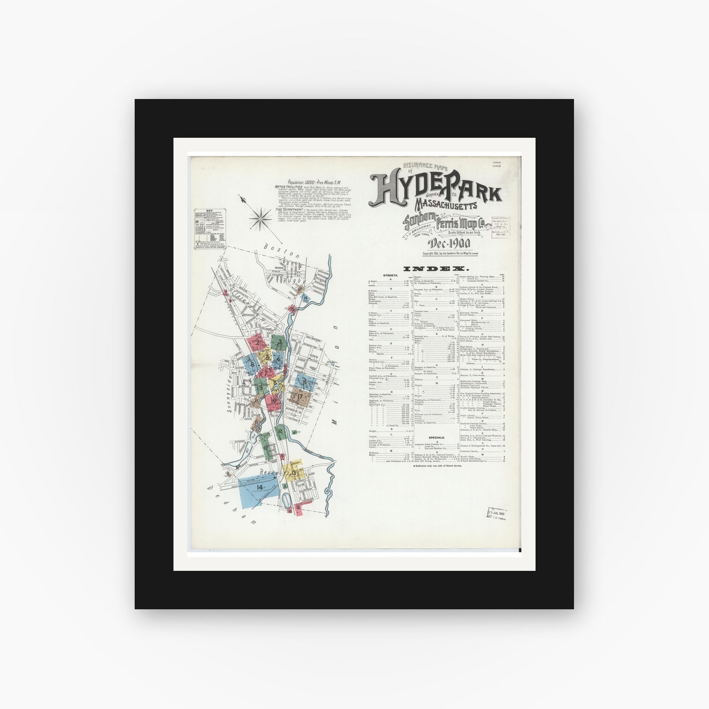 Old map wall art mockup — black gallery frame with white mat — Sanborn Fire Insurance Map from Hyde Park, Norfolk County, Massachusetts (1900), Sheet #0001